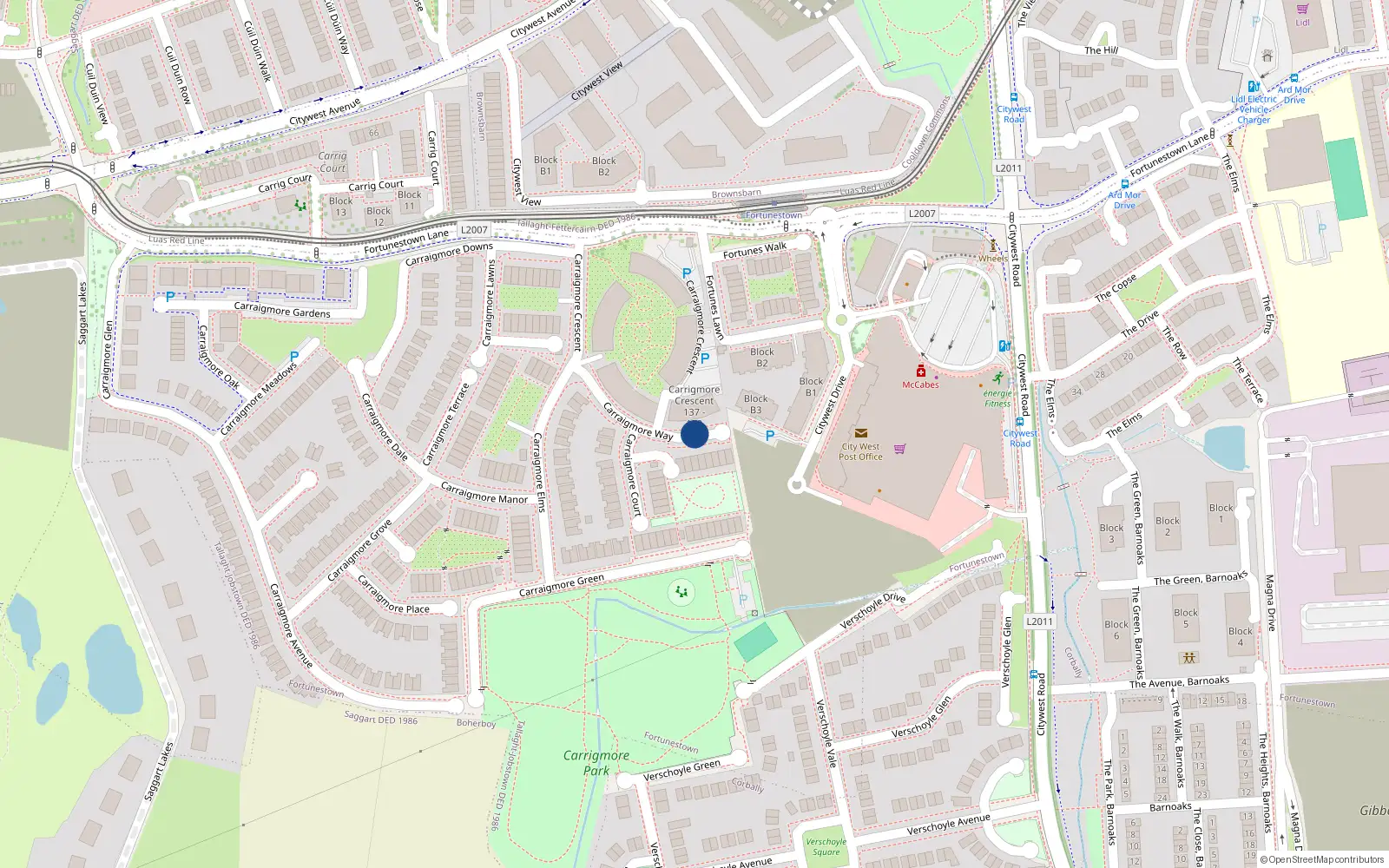 Overhead map showing the location of 8 Carrigmore Way, Dublin