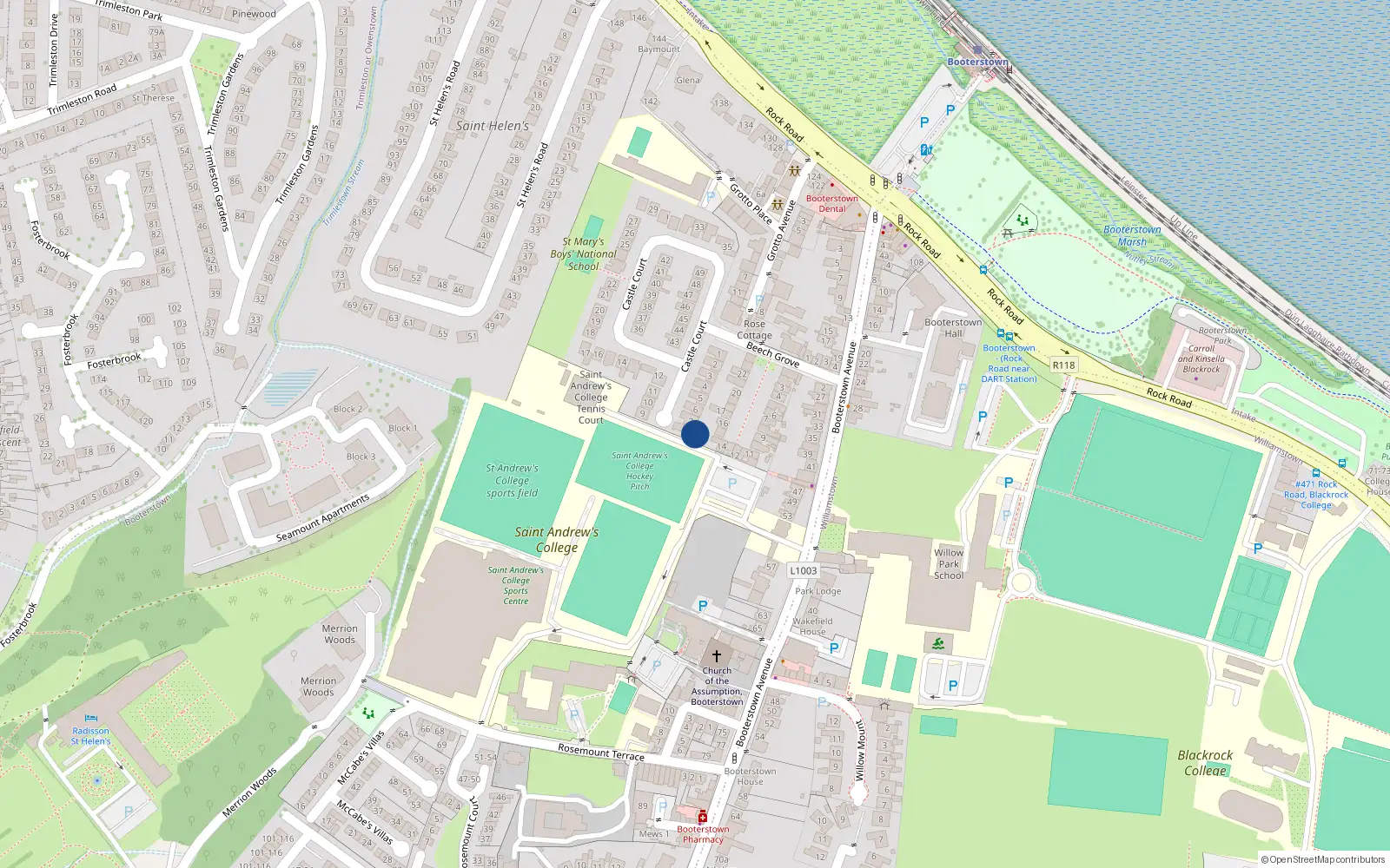 Overhead map showing the location of 8 Castle Court, Booterstown