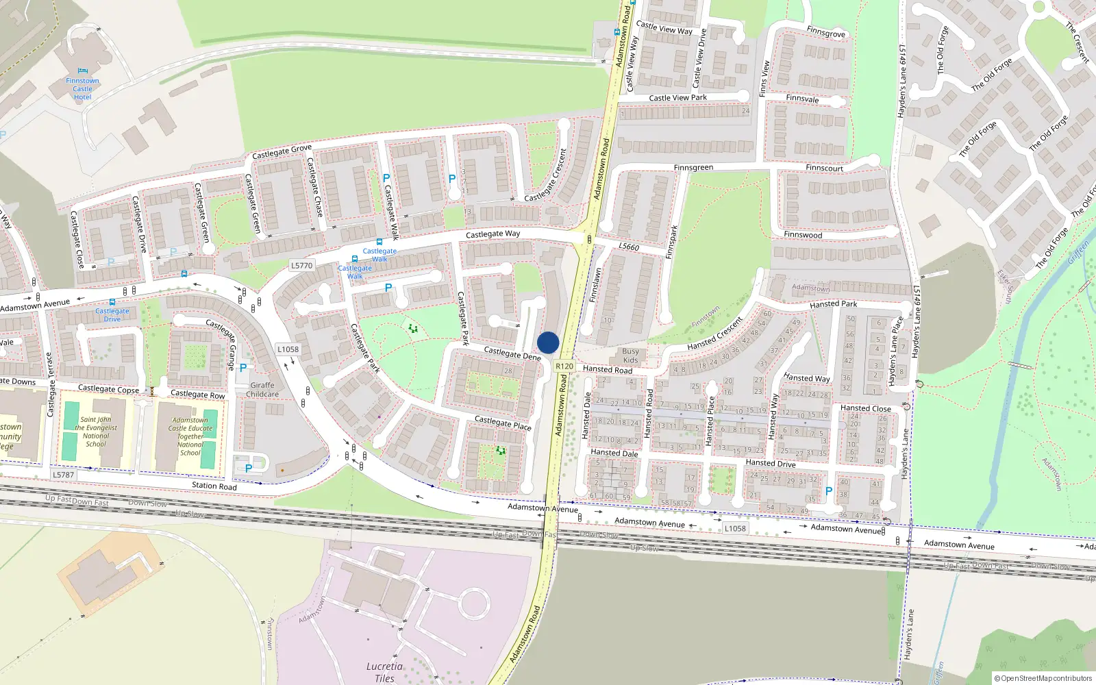 Overhead map showing the location of 8 Castlegate Square, Adamstown, Lucan