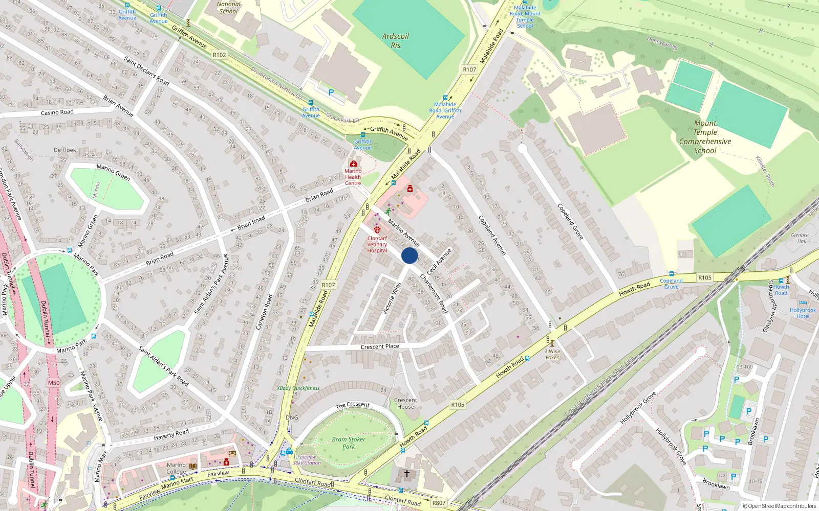 Overhead map showing the location of 8 Charlemont Road, Clontarf, Dublin 3
