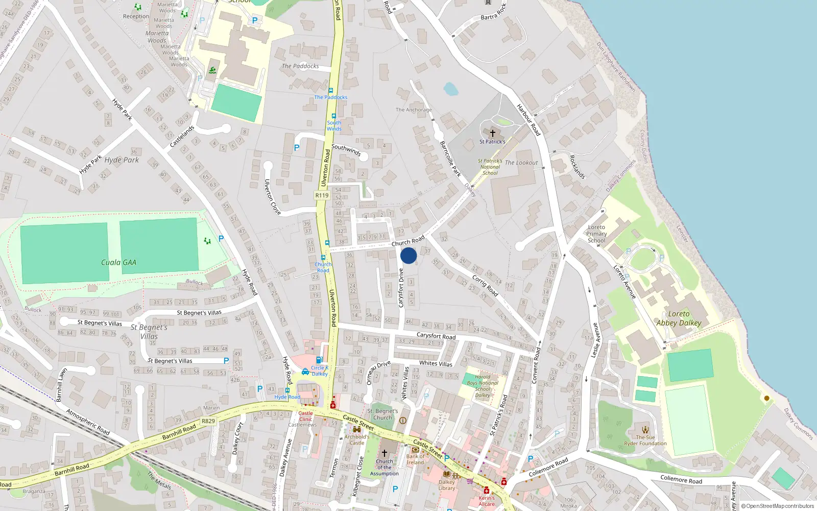 Overhead map showing the location of 8 Church Road, Dalkey