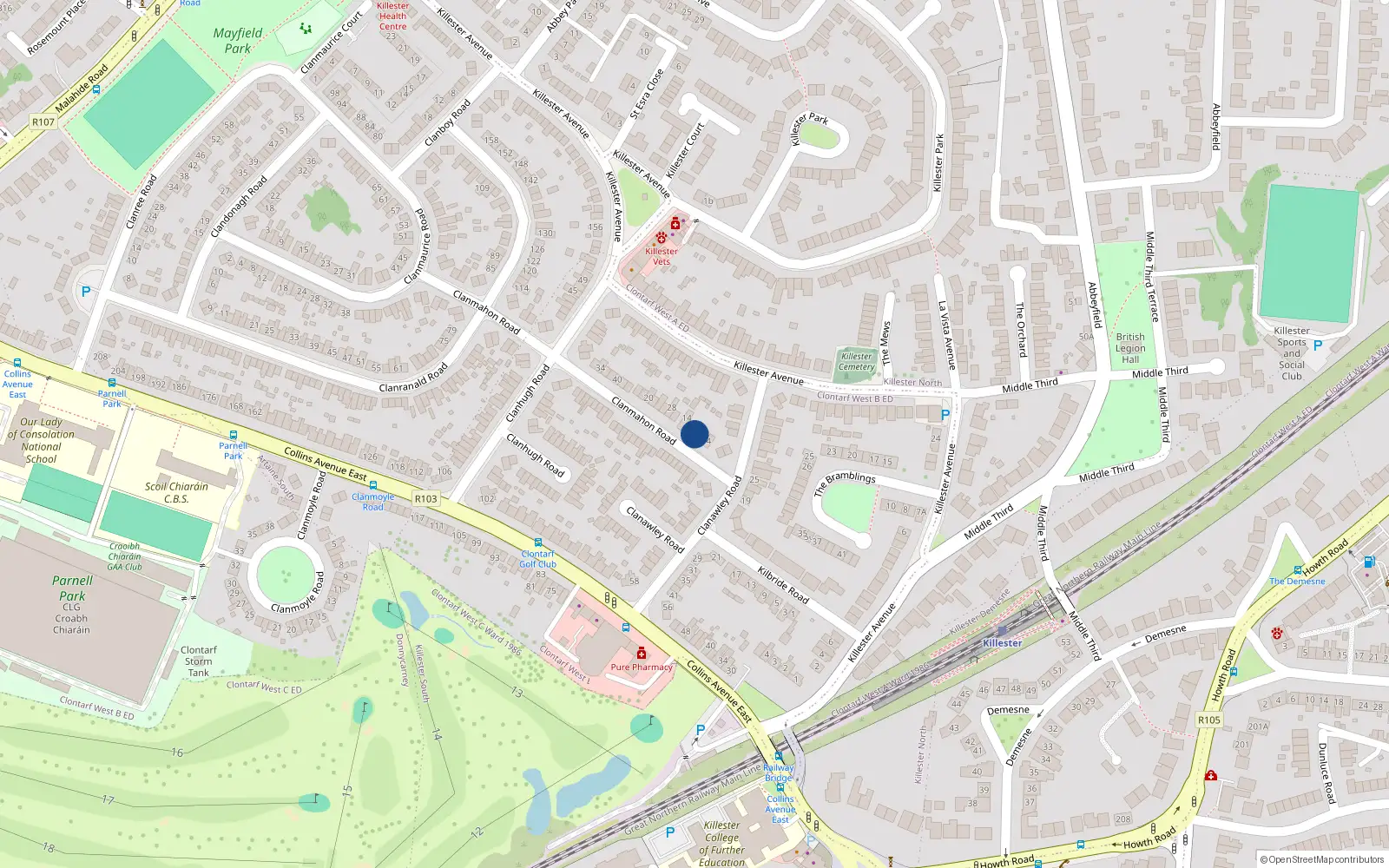 Overhead map showing the location of 8 Clanmahon Road, Dublin 5