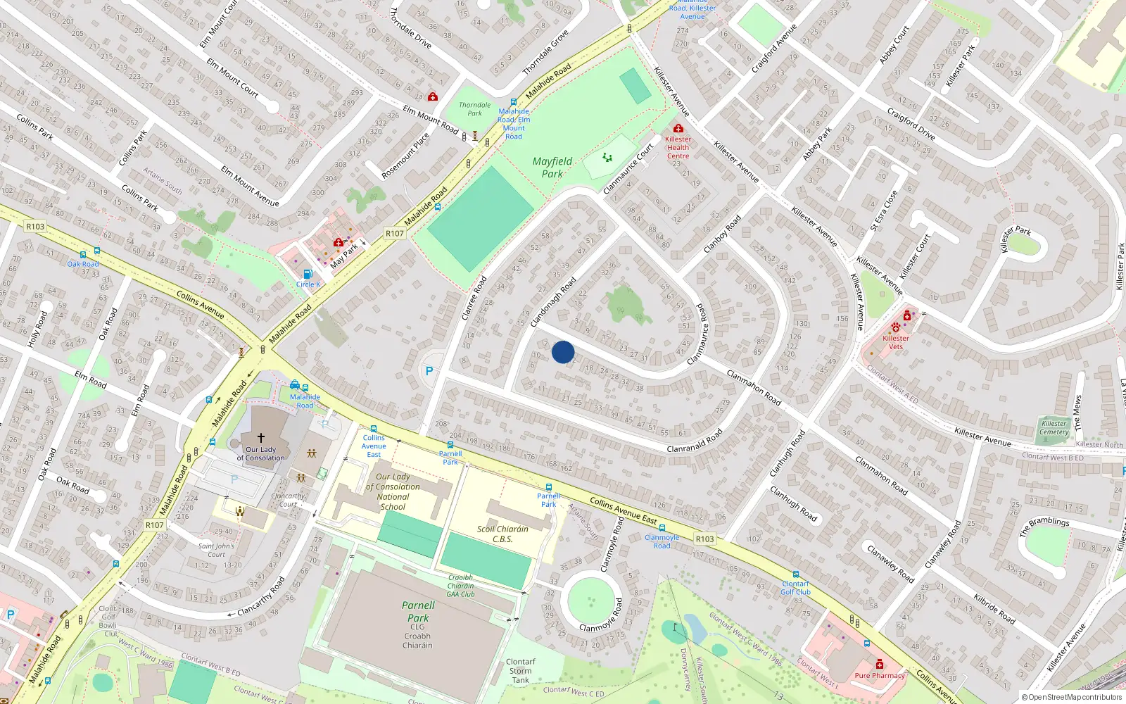 Overhead map showing the location of 8 Clanmaurice Road, Donnycarney, Dublin 5