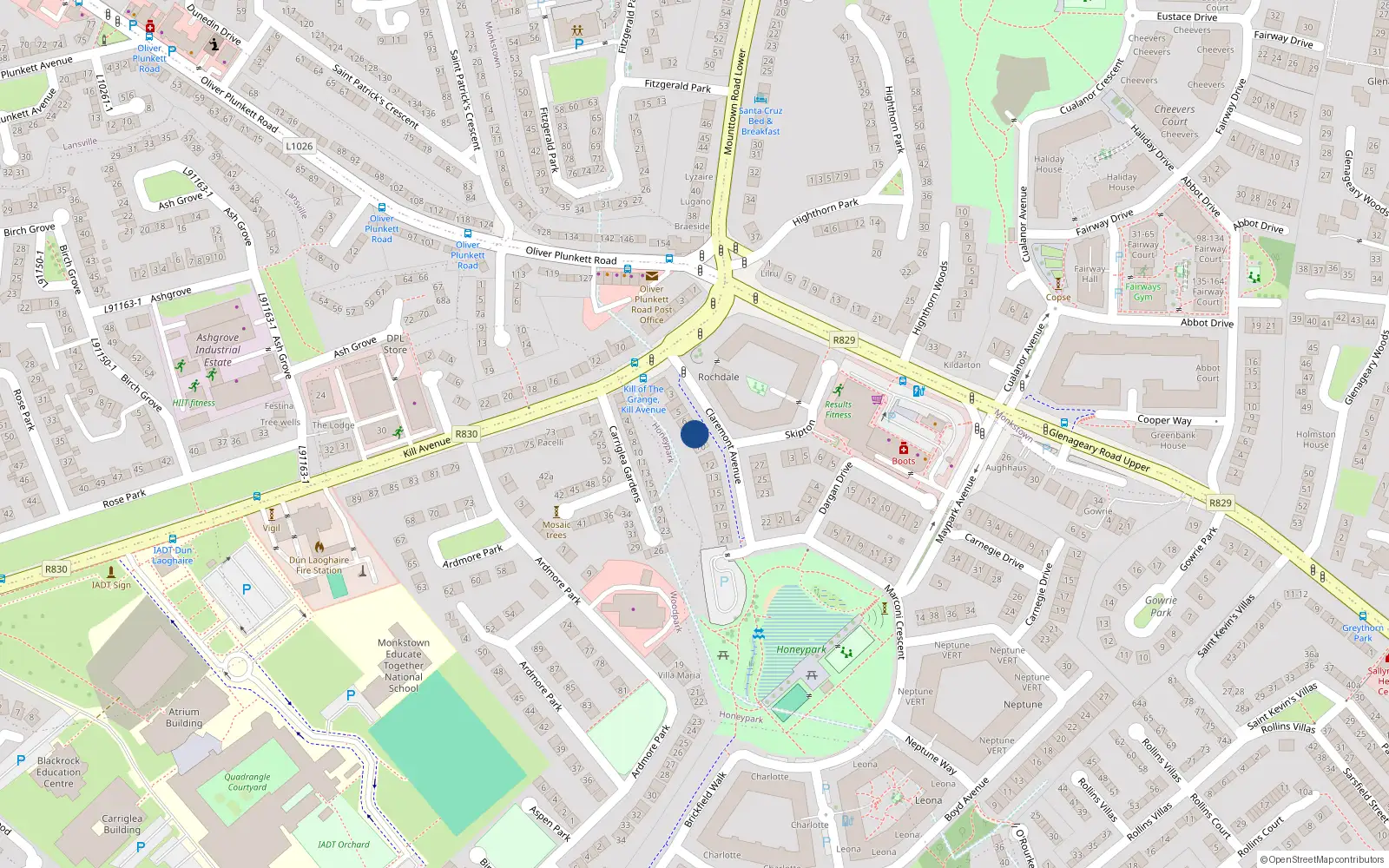 Overhead map showing the location of 8 Claremont Avenue, Dun Laoghaire