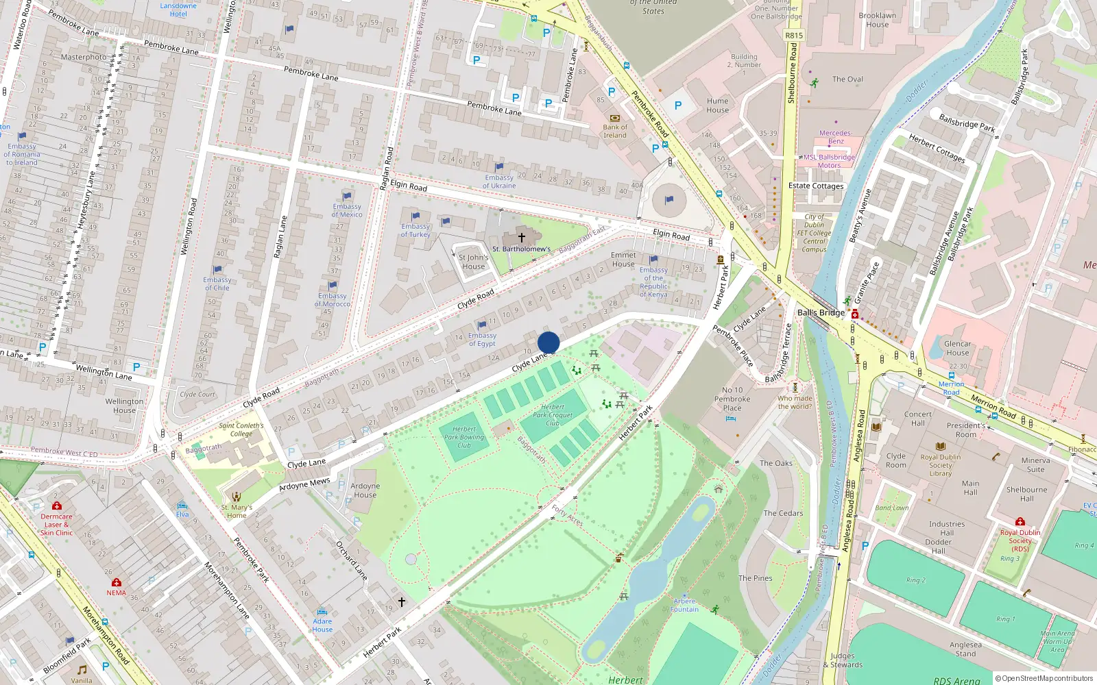 Overhead map showing the location of 8 Clyde Lane, Dublin 4
