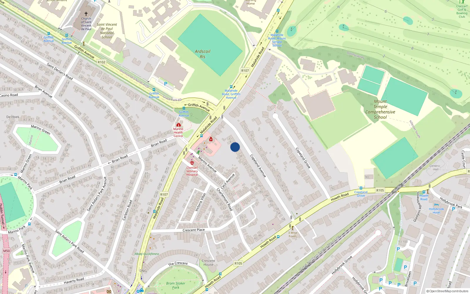 Overhead map showing the location of 8 Copeland Avenue, Clontarf, Dublin 3