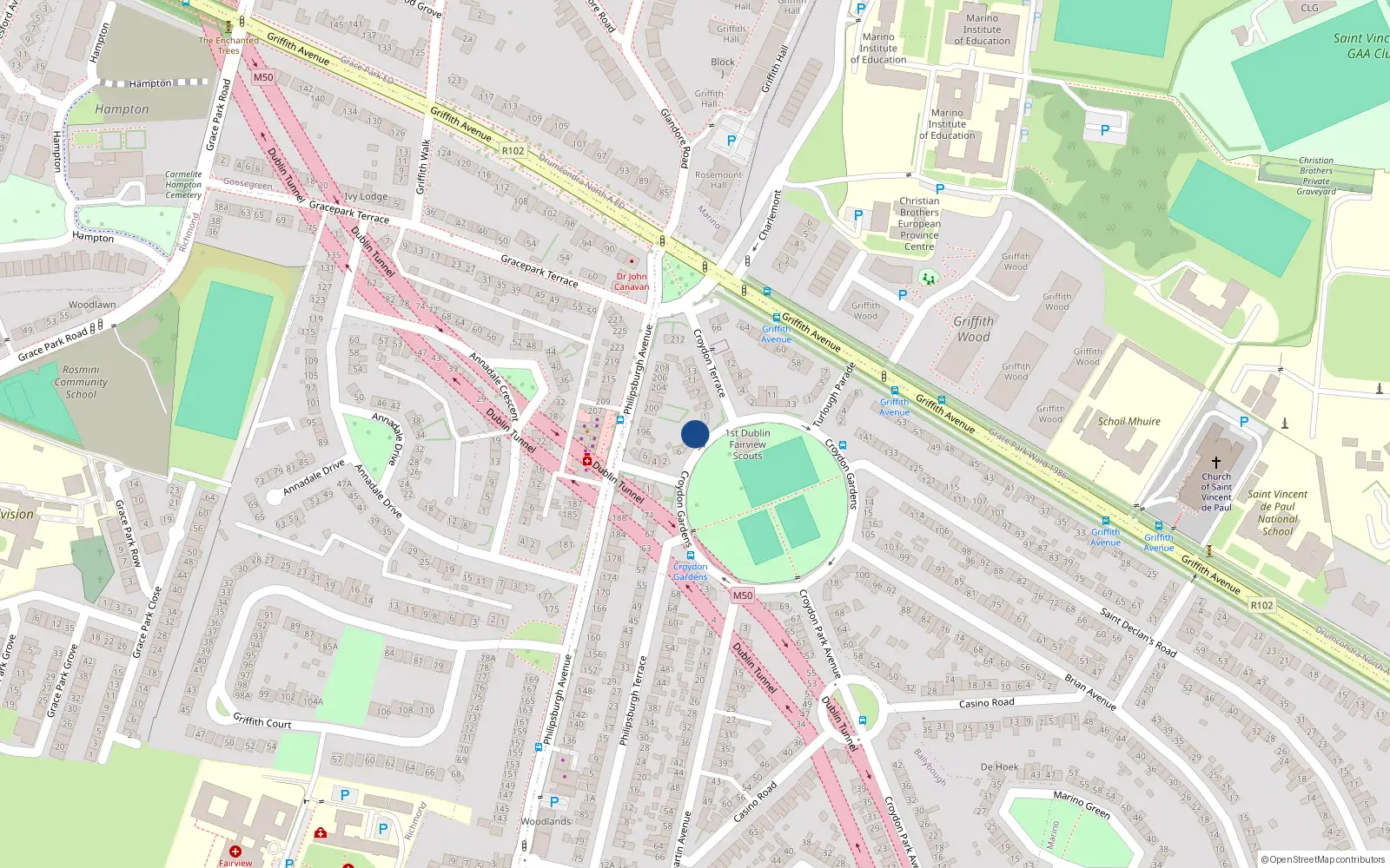 Overhead map showing the location of 8 Croyden Gardens, Marino, Dublin 3