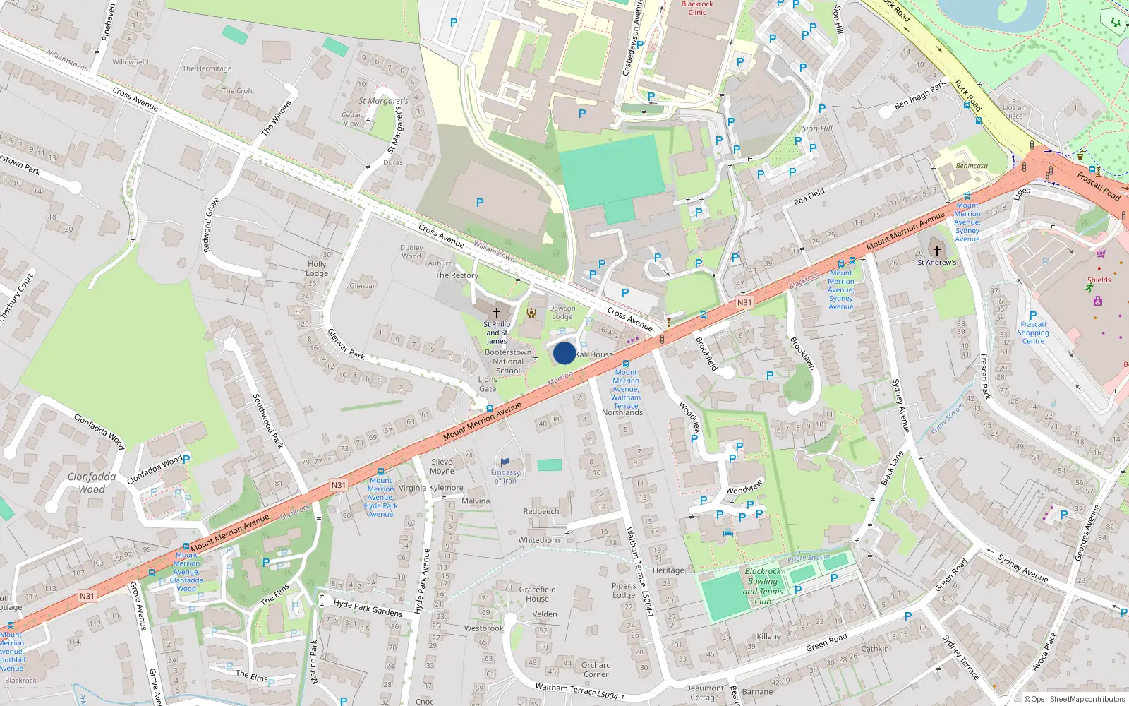 Overhead map showing the location of 8 Dawson Court, Cross Avenue, Blackrock
