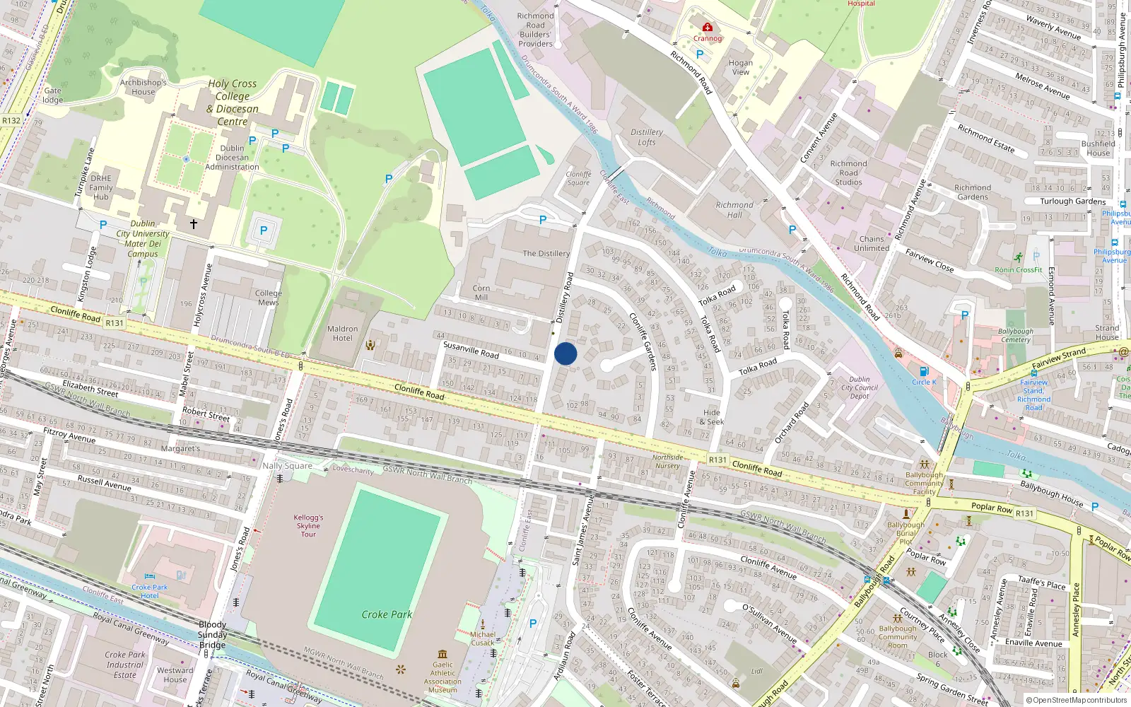 Overhead map showing the location of 8 Distillery Road, Clonliffe Road, Dublin 3