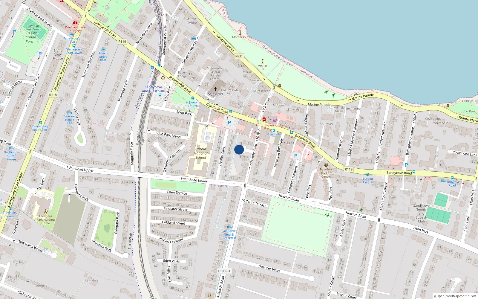 Overhead map showing the location of 8 Dixons Villas, Glasthule, Dublin