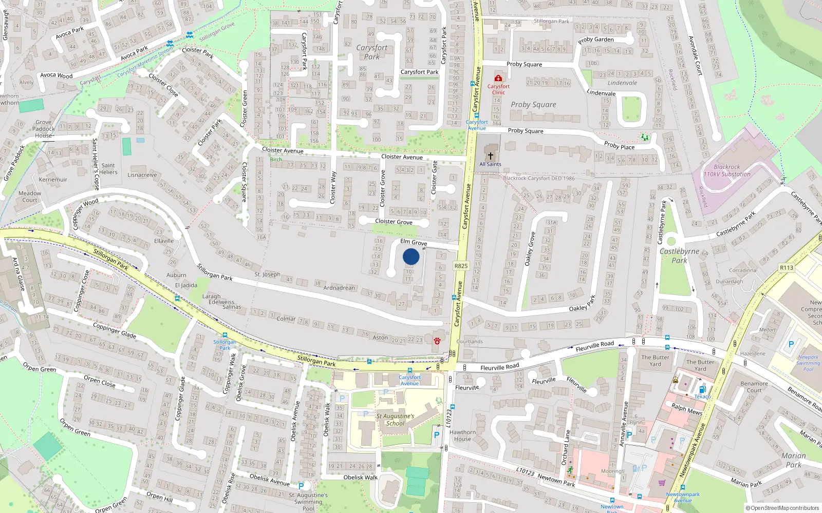 Overhead map showing the location of 8 Elm Grove, Blackrock