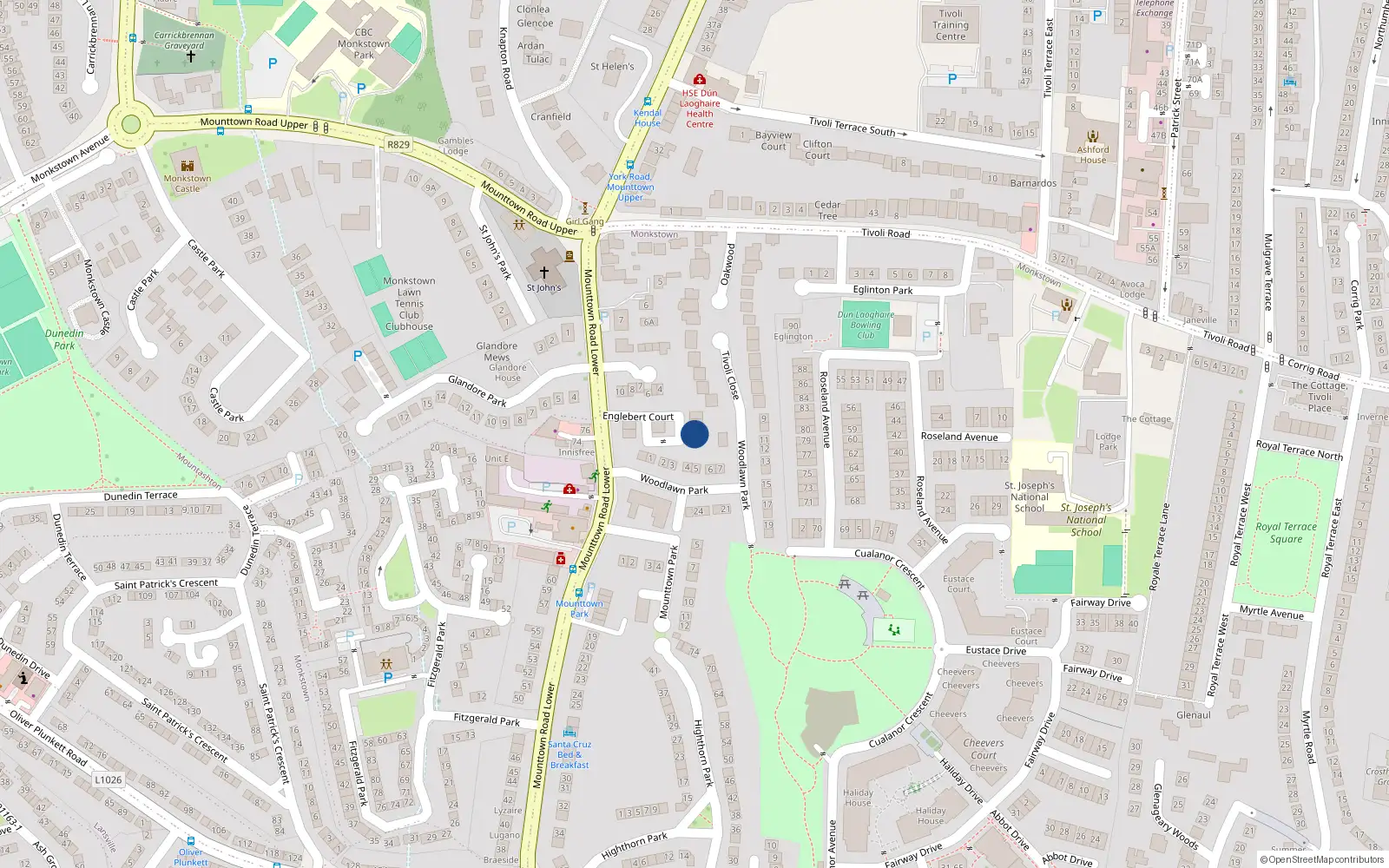 Overhead map showing the location of 8 Engleberg Court, Mounttown Lower, Dun Laoghaire