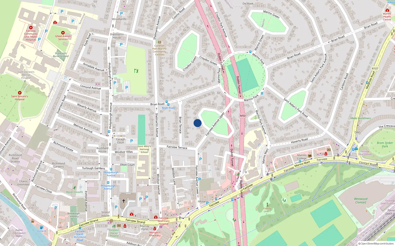 Overhead map showing the location of 8 Fairview Green, Dublin 3