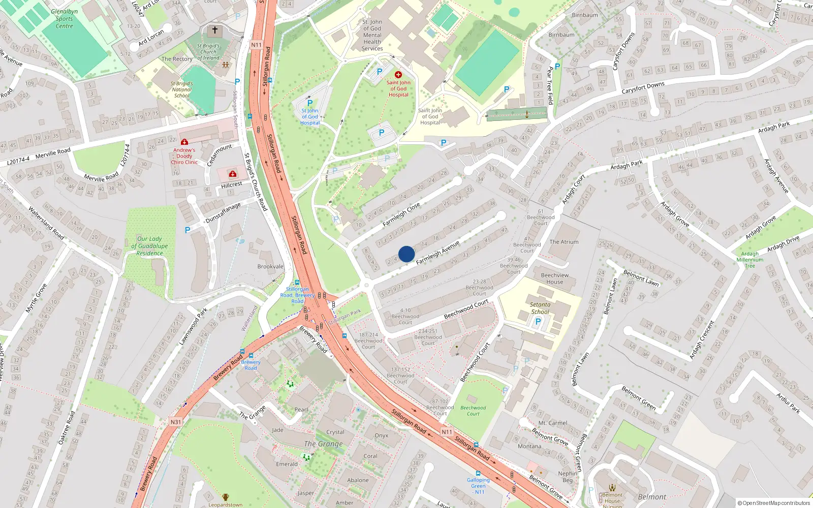 Overhead map showing the location of 8 Farmleigh Avenue, Bray Road, Stillorgan