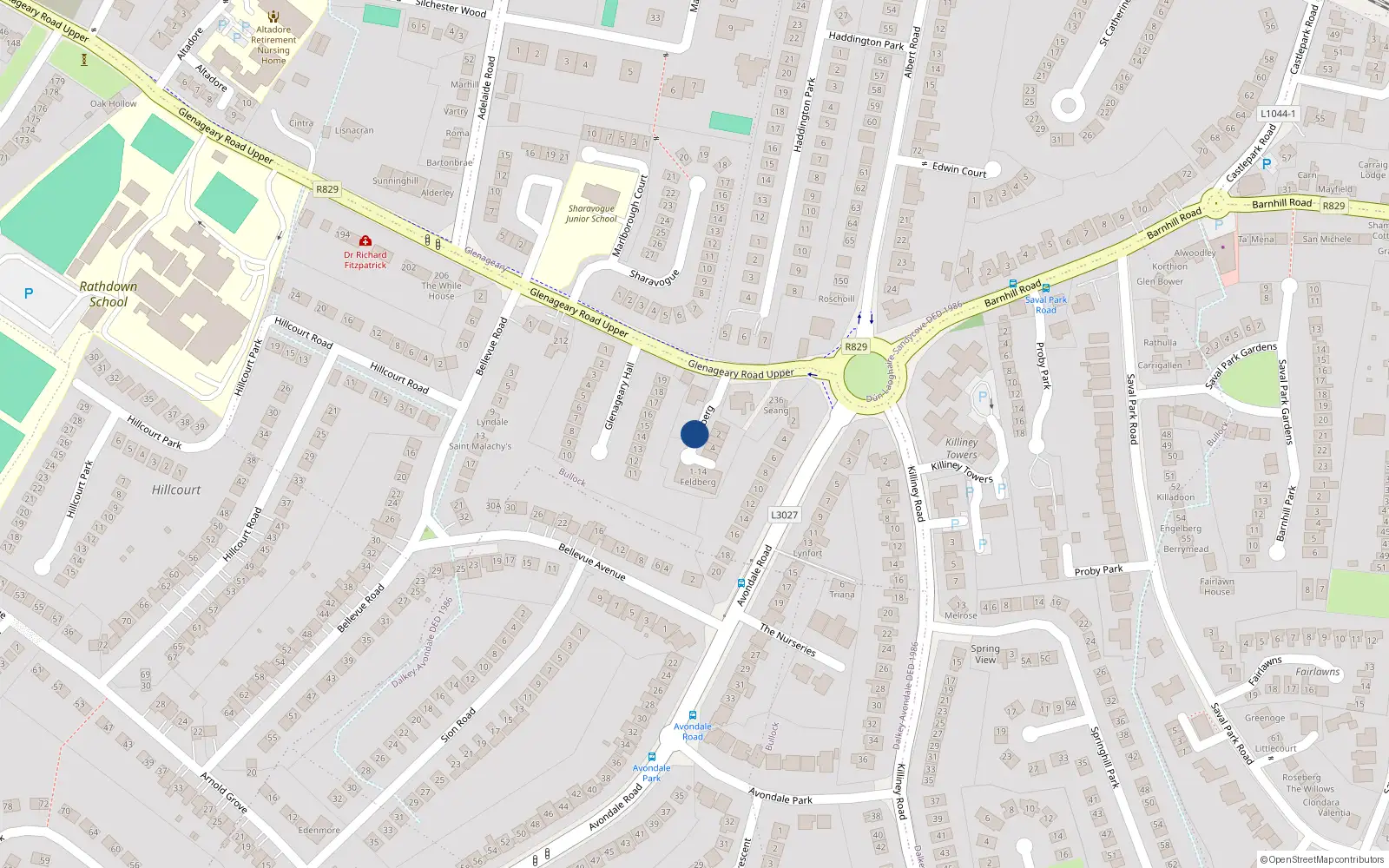 Overhead map showing the location of 8 Feldberg Road, Glenageary