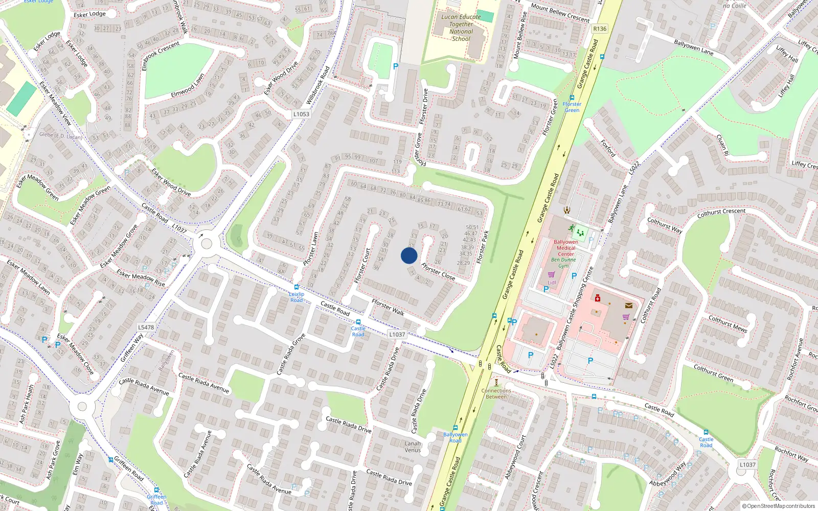 Overhead map showing the location of 8 Fforester Close, Lucan