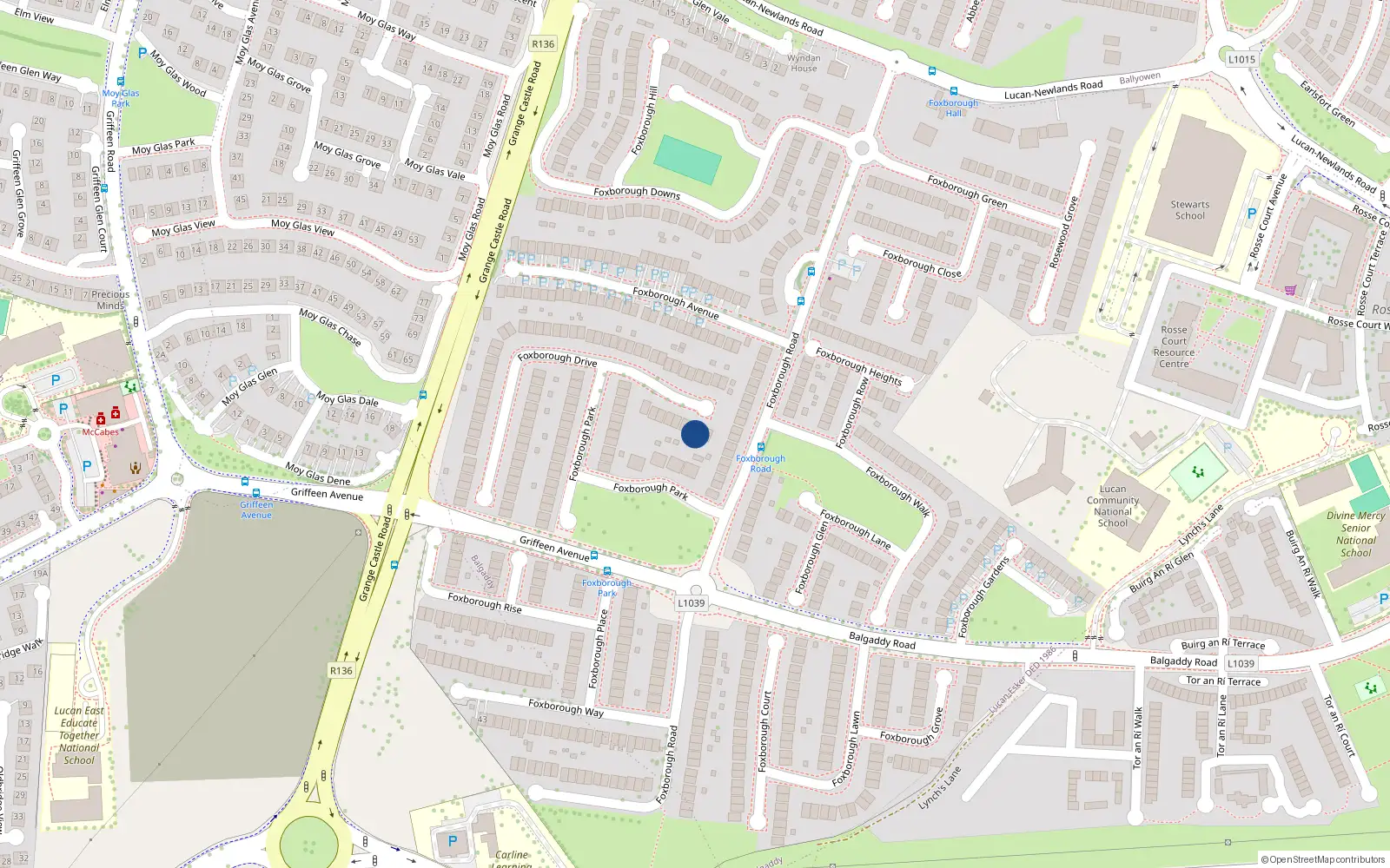 Overhead map showing the location of 8 Foxborough Drive, Lucan, Dublin