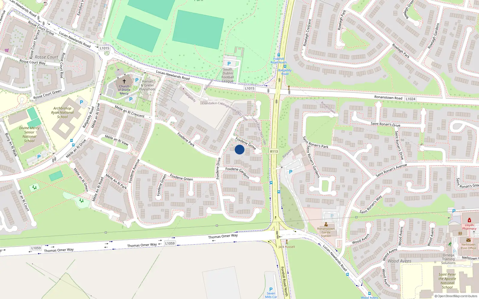 Overhead map showing the location of 8 Foxdene Grove, Lucan, Dublin