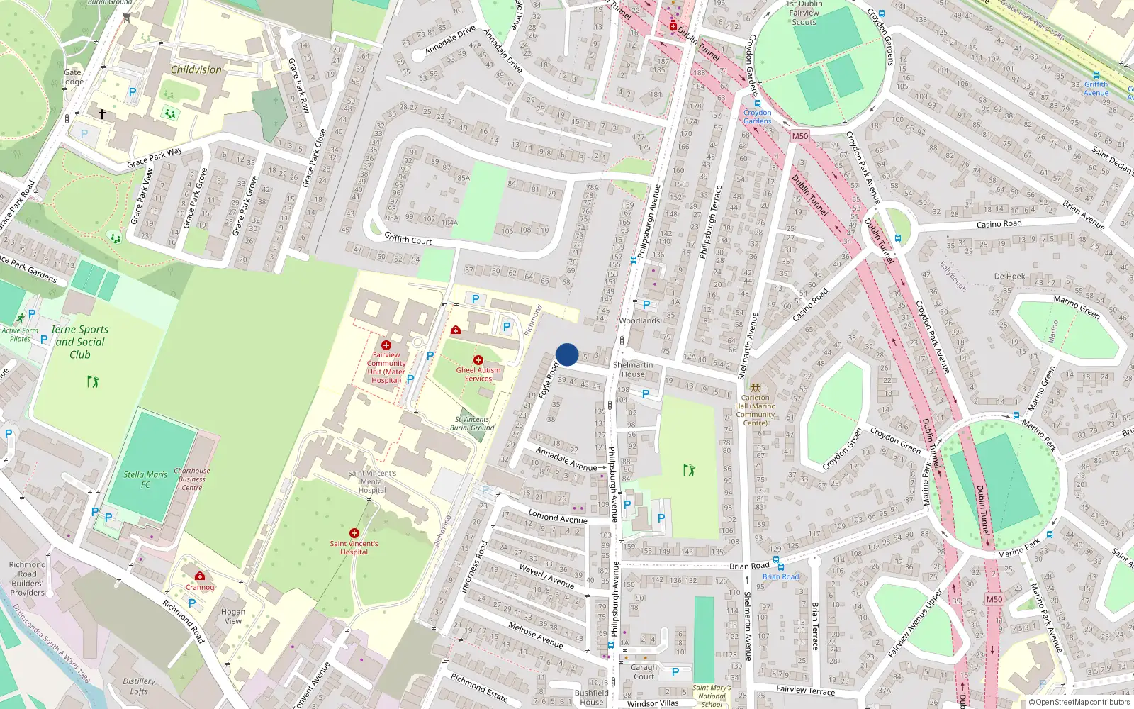 Overhead map showing the location of 8 Foyle Road, Fairview, Dublin 3