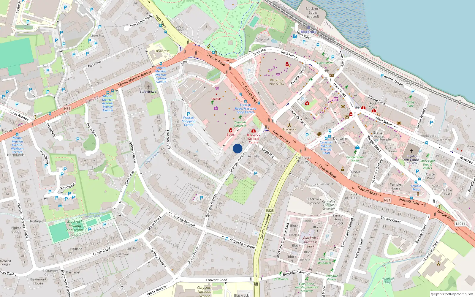 Overhead map showing the location of 8 Frascati Park, Blackrock