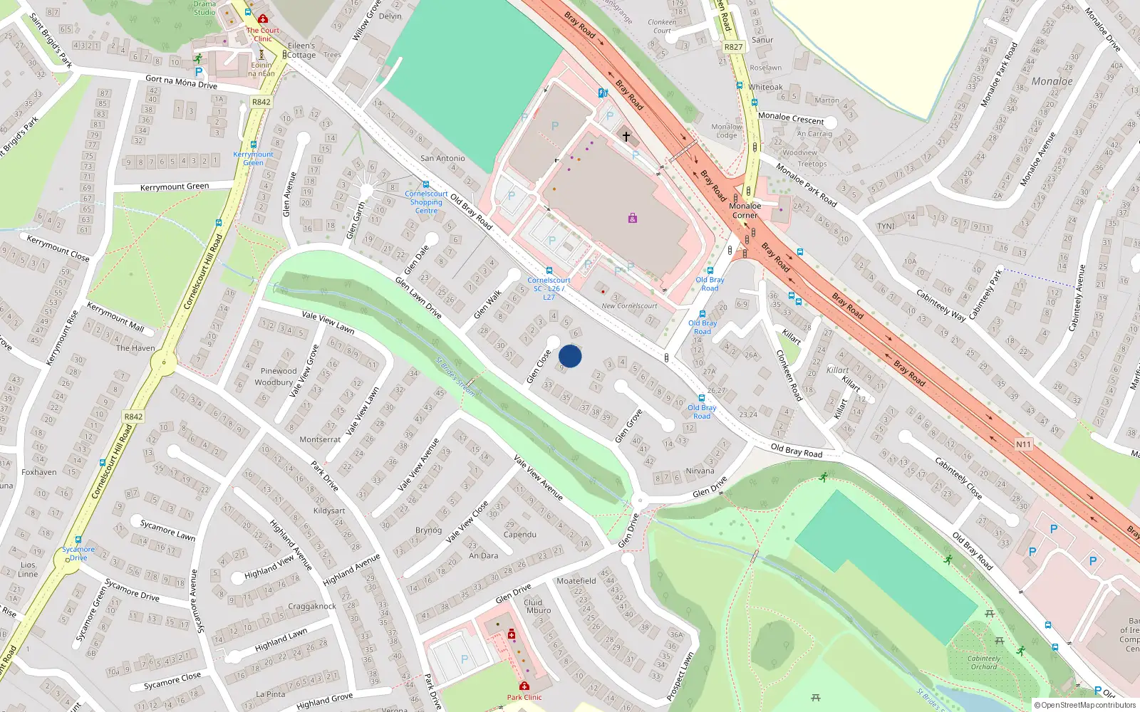 Overhead map showing the location of 8 Glen Close, Dublin 18