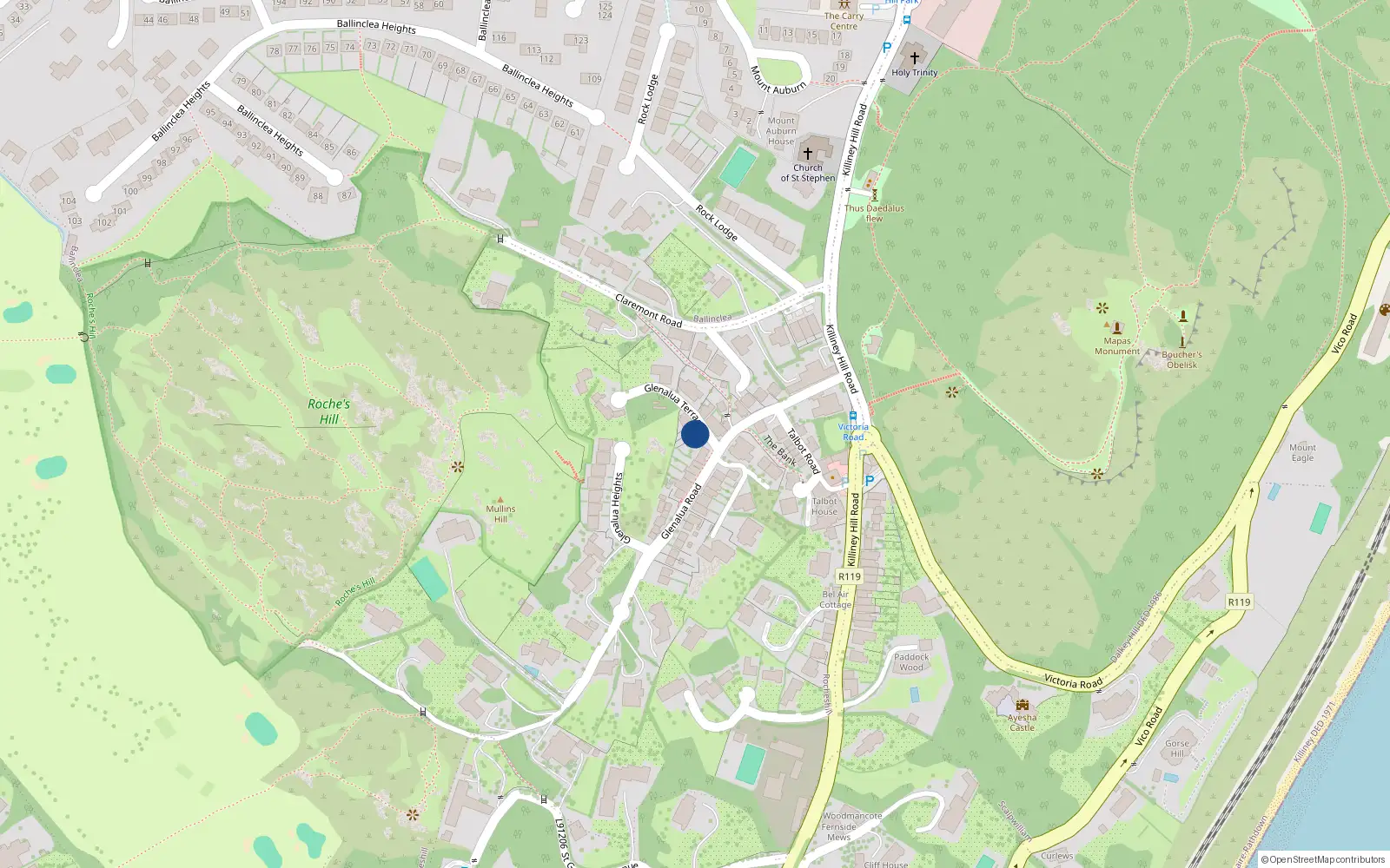 Overhead map showing the location of 8 Glenalua Terrace, Glenalua Road, Killiney
