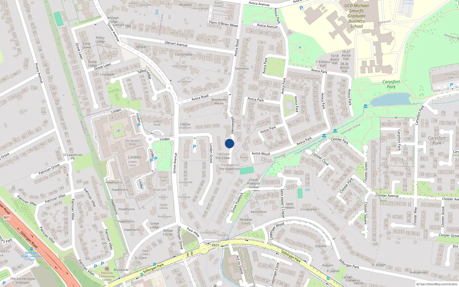 Overhead map showing the location of 8 Glensavage, Avoca Road, Blackrock