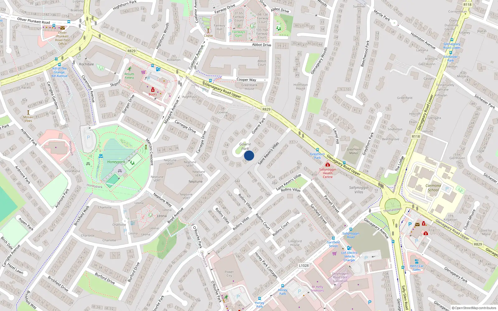 Overhead map showing the location of 8 Gowrie Park, Dun Laoghaire, Dublin
