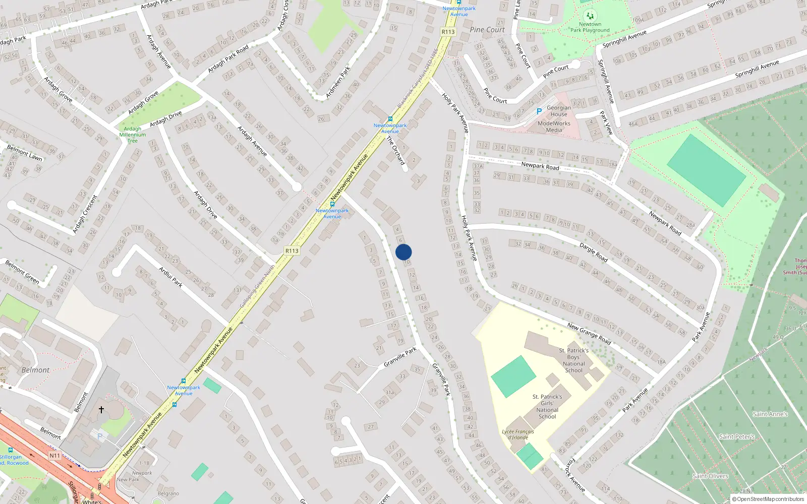 Overhead map showing the location of 8 Granville Park, Blackrock