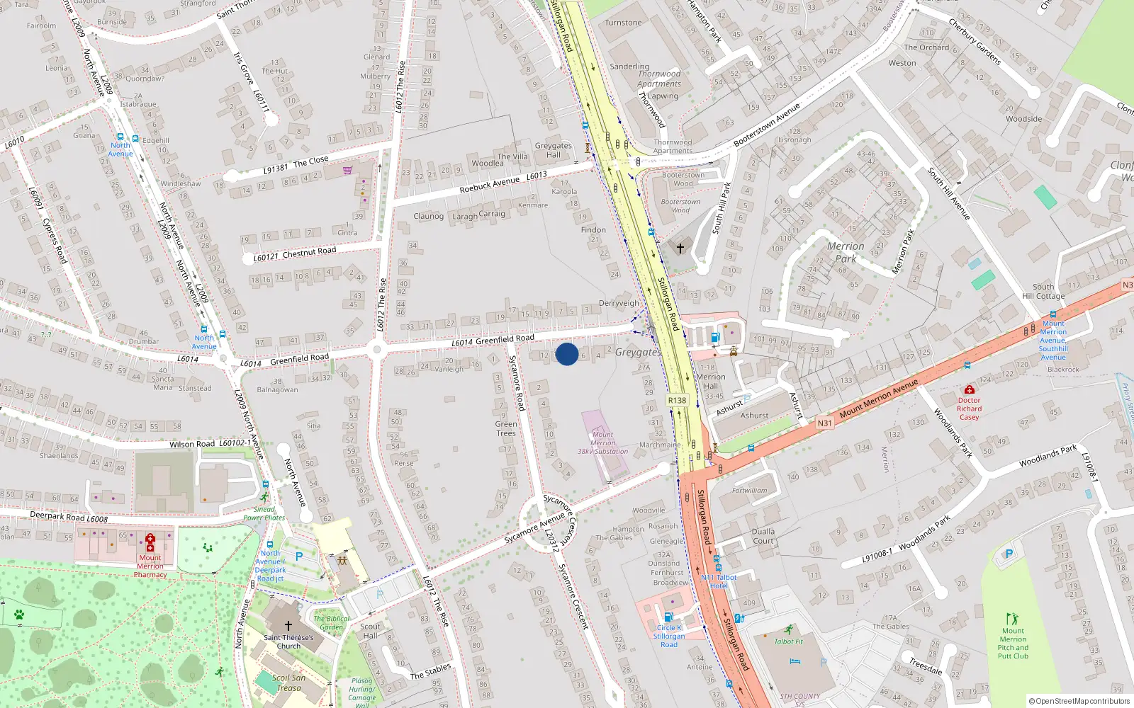 Overhead map showing the location of 8 Greenfield Road, Mount Merrion, Co Dublin