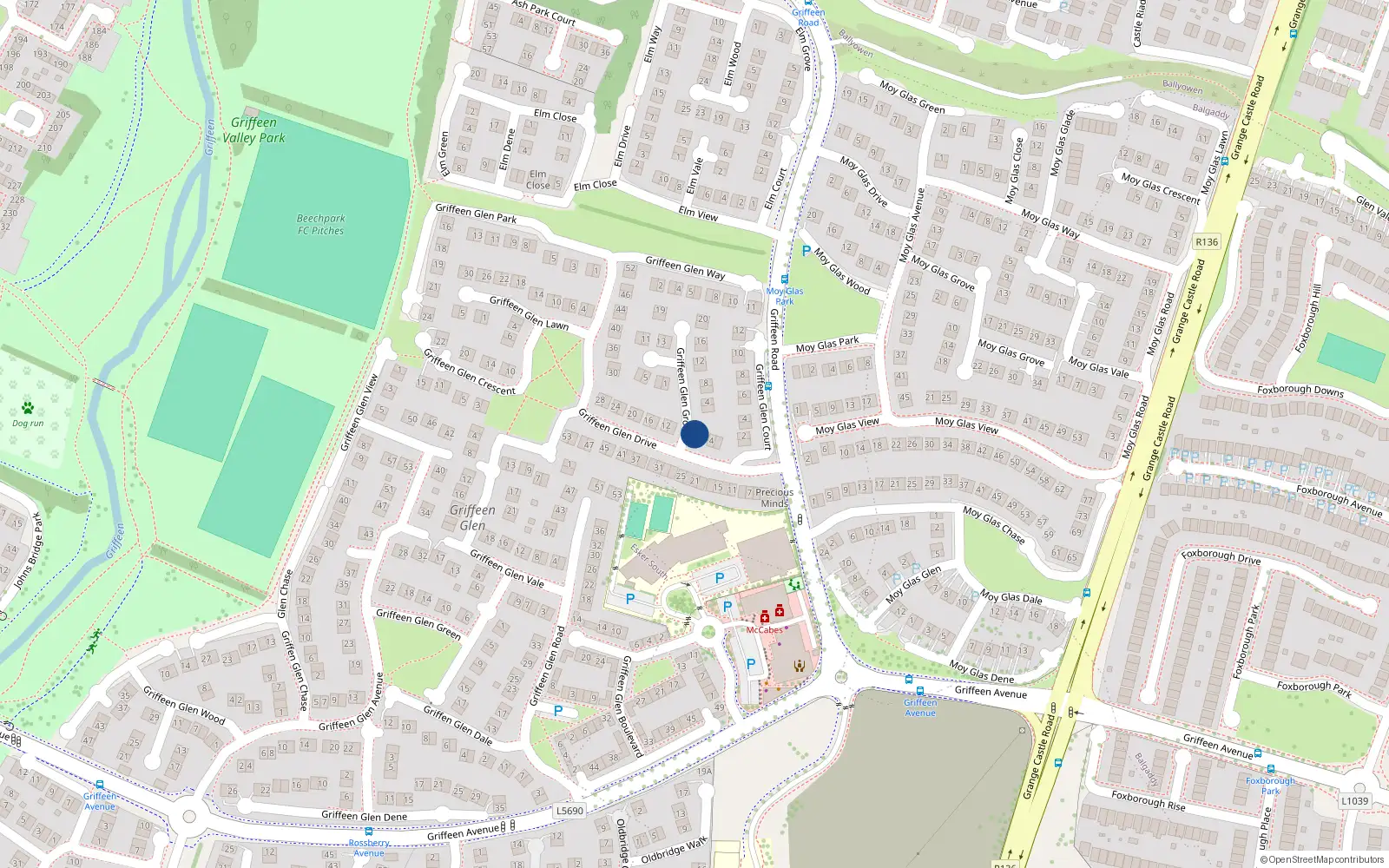 Overhead map showing the location of 8 Griffeen Glen Drive, Lucan