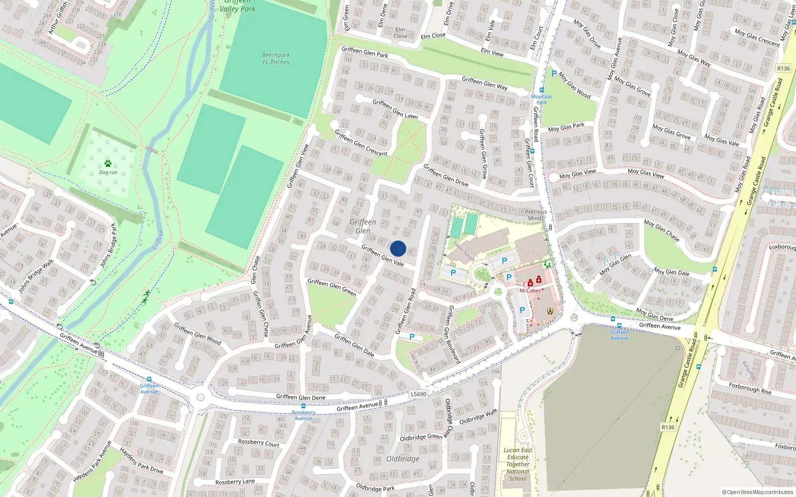 Overhead map showing the location of 8 Griffeen Glen Vale, Lucan, Dublin