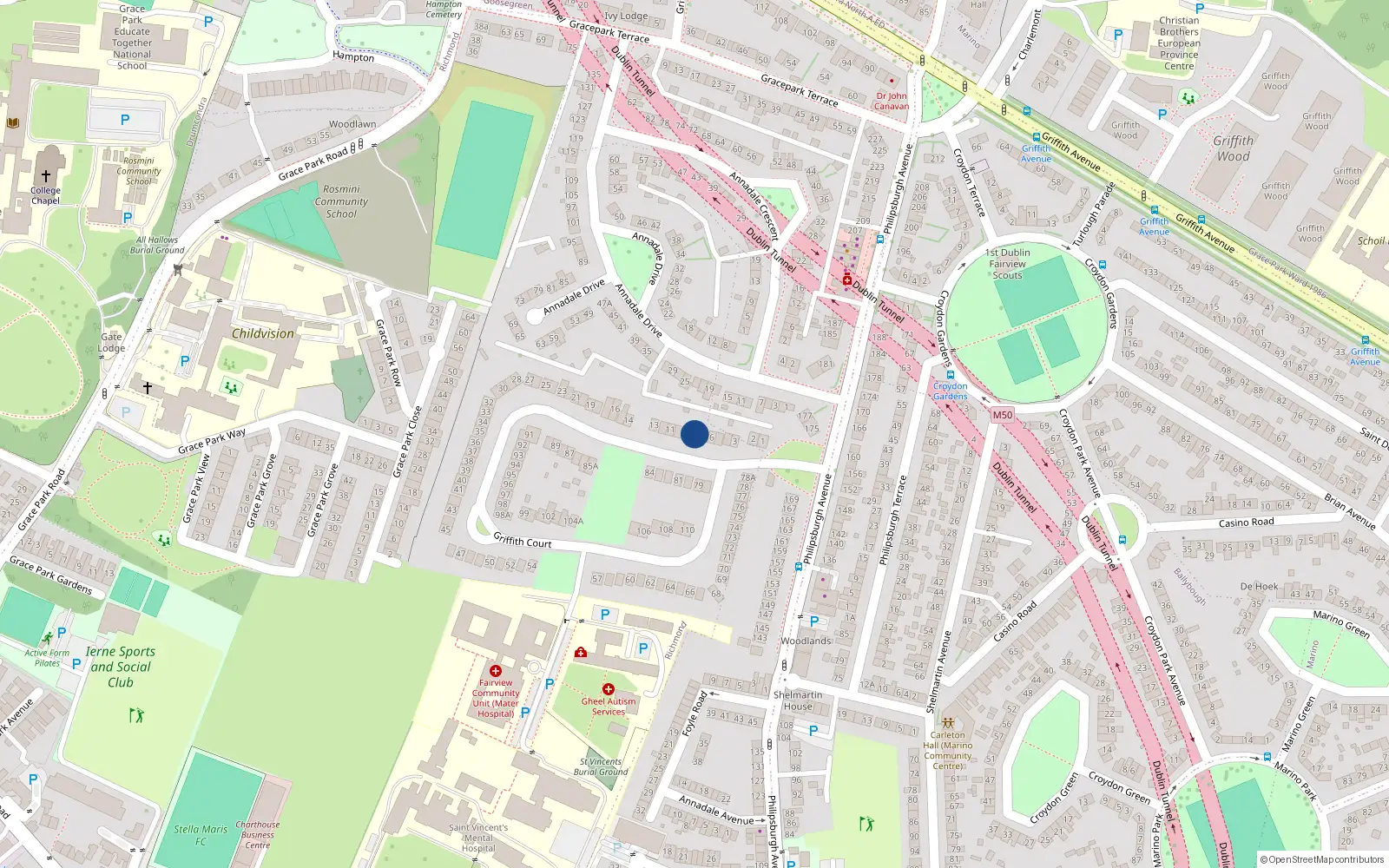 Overhead map showing the location of 8 Griffith Court, Dublin 3