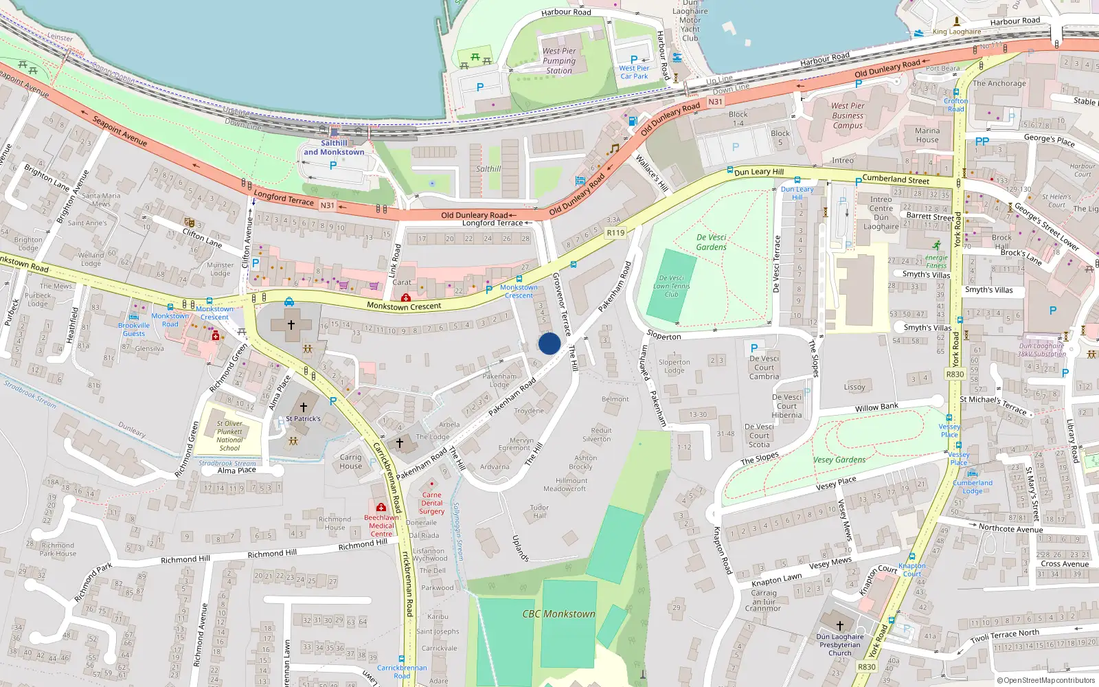 Overhead map showing the location of 8 Grosvenor Terrace, Monkstown, Dublin