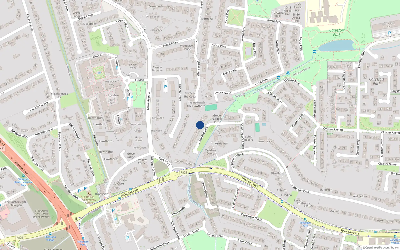 Overhead map showing the location of 8 Grove Paddock, Blackrock