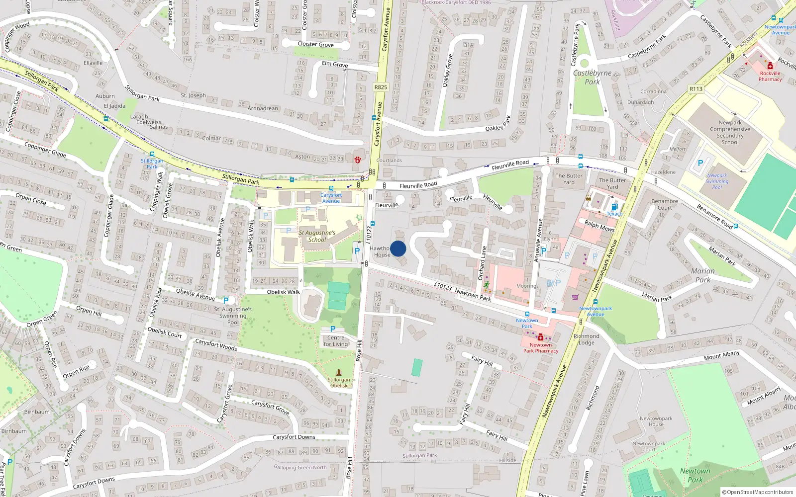 Overhead map showing the location of 8 Hawthorn Manor, Carysfort Avenue, Blackrock