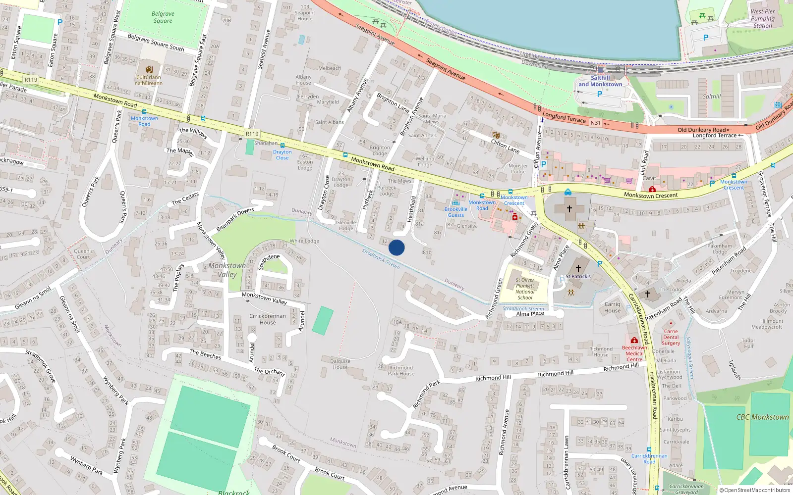 Overhead map showing the location of 8 Heathfield, Monkstown Road, Monkstown