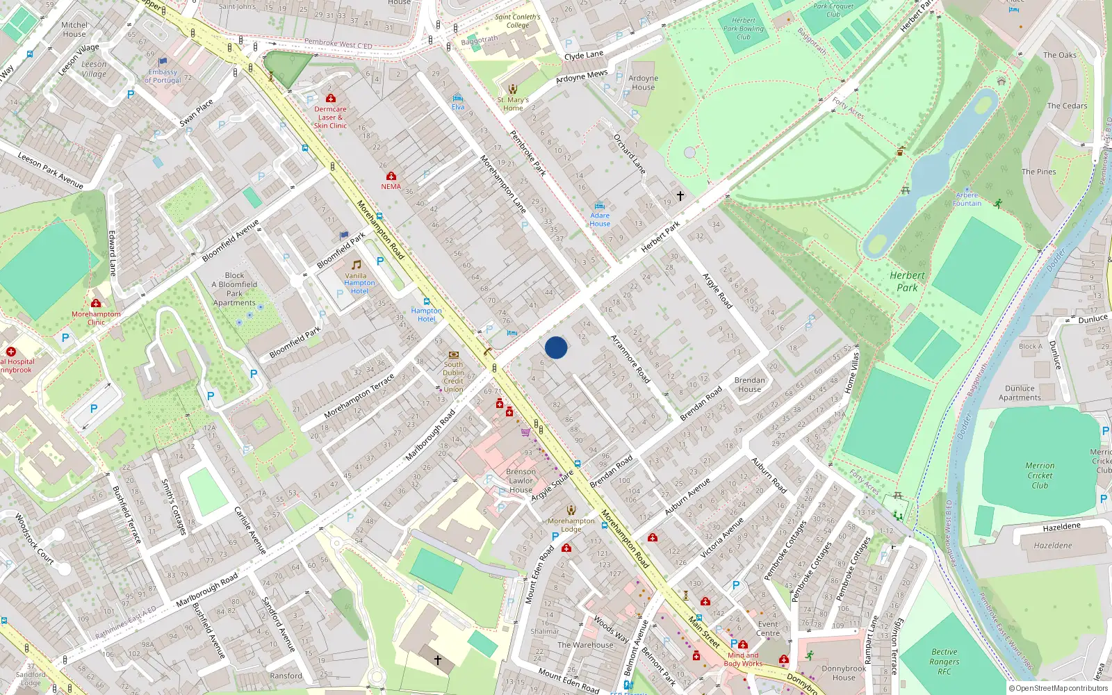 Overhead map showing the location of 8 Herbert Park, Dublin 4