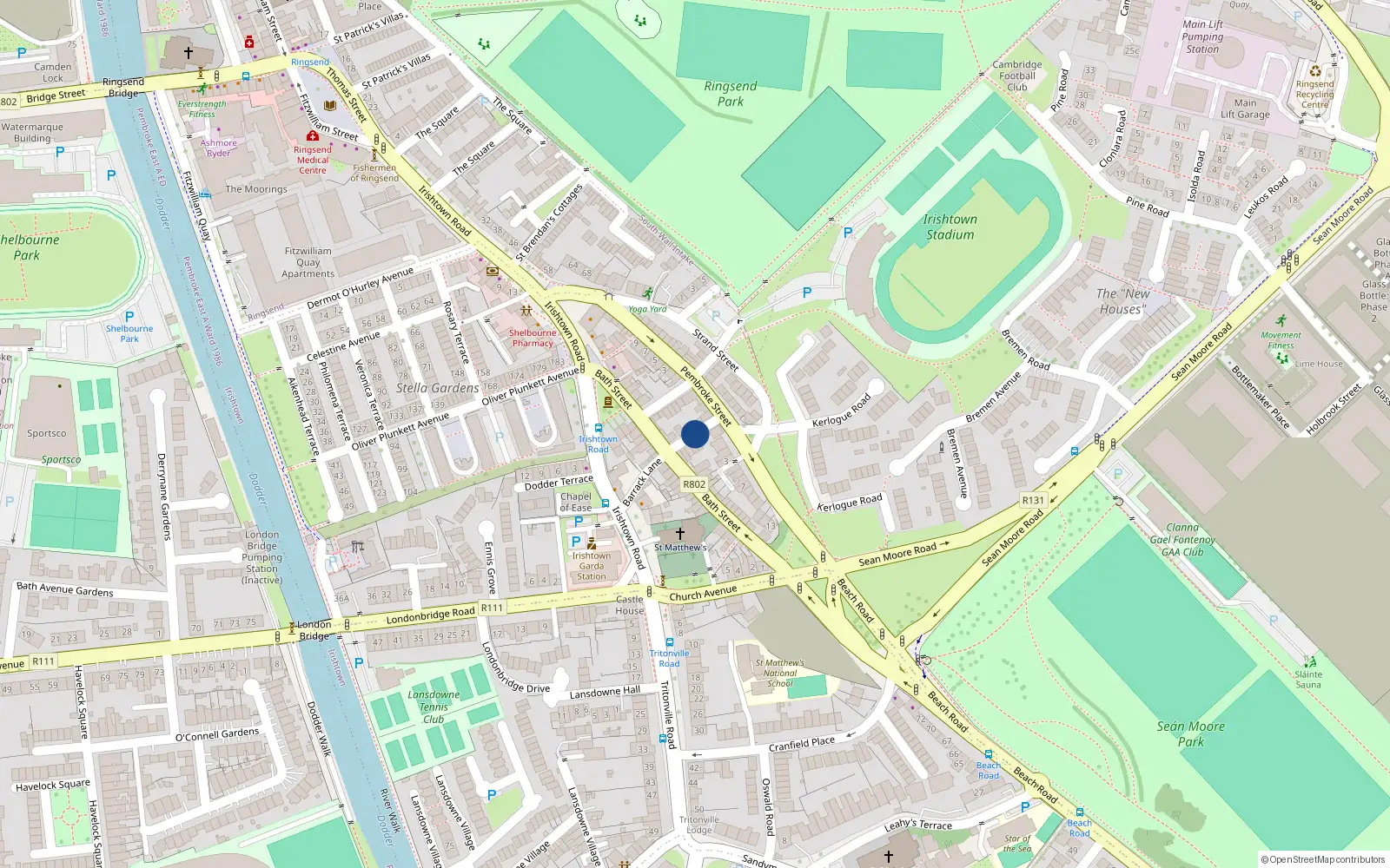 Overhead map showing the location of 8 Herbert Place, Irishtown