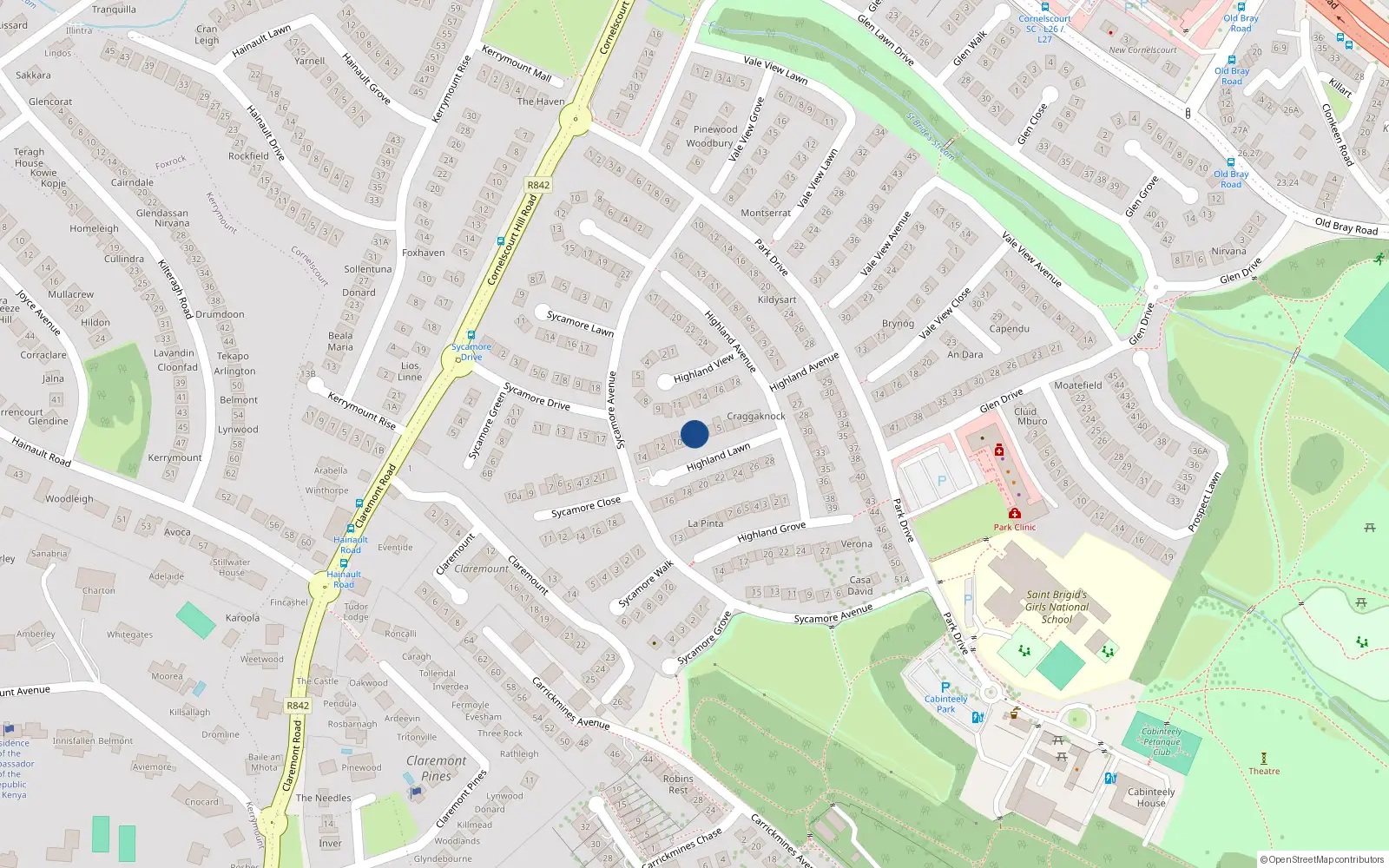 Overhead map showing the location of 8 Highland Lawn, Dublin 18