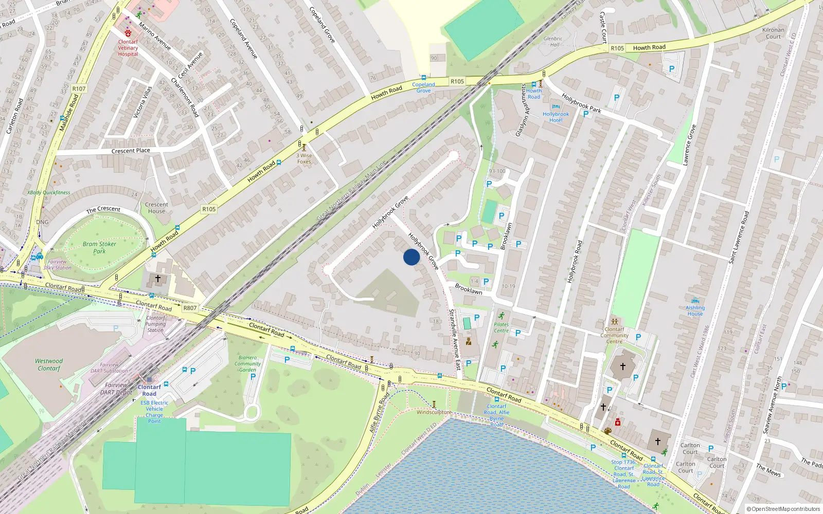 Overhead map showing the location of 8 Hollybrook Grove, Dublin 3
