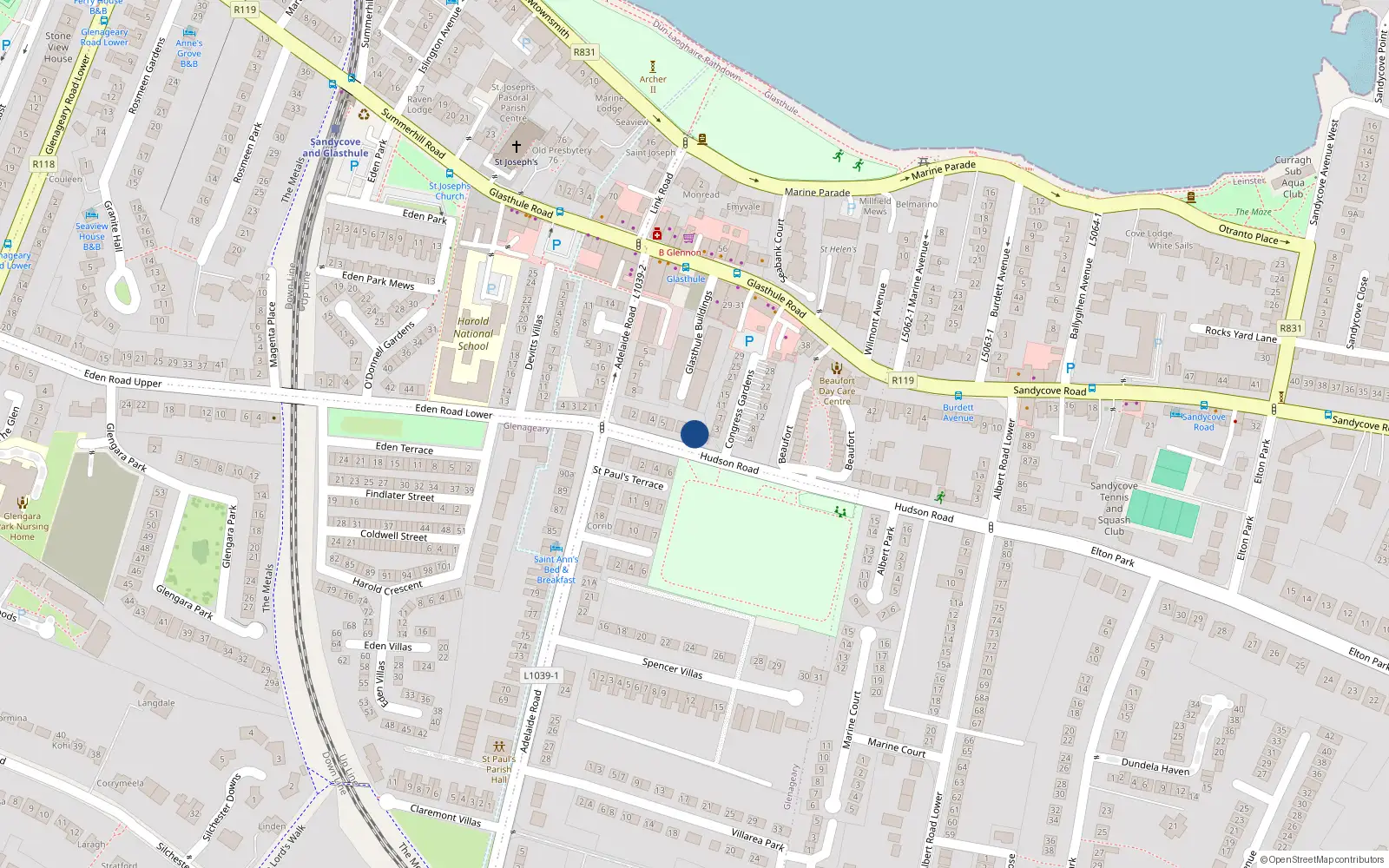 Overhead map showing the location of 8 Hudson Road, Dun Laoghaire
