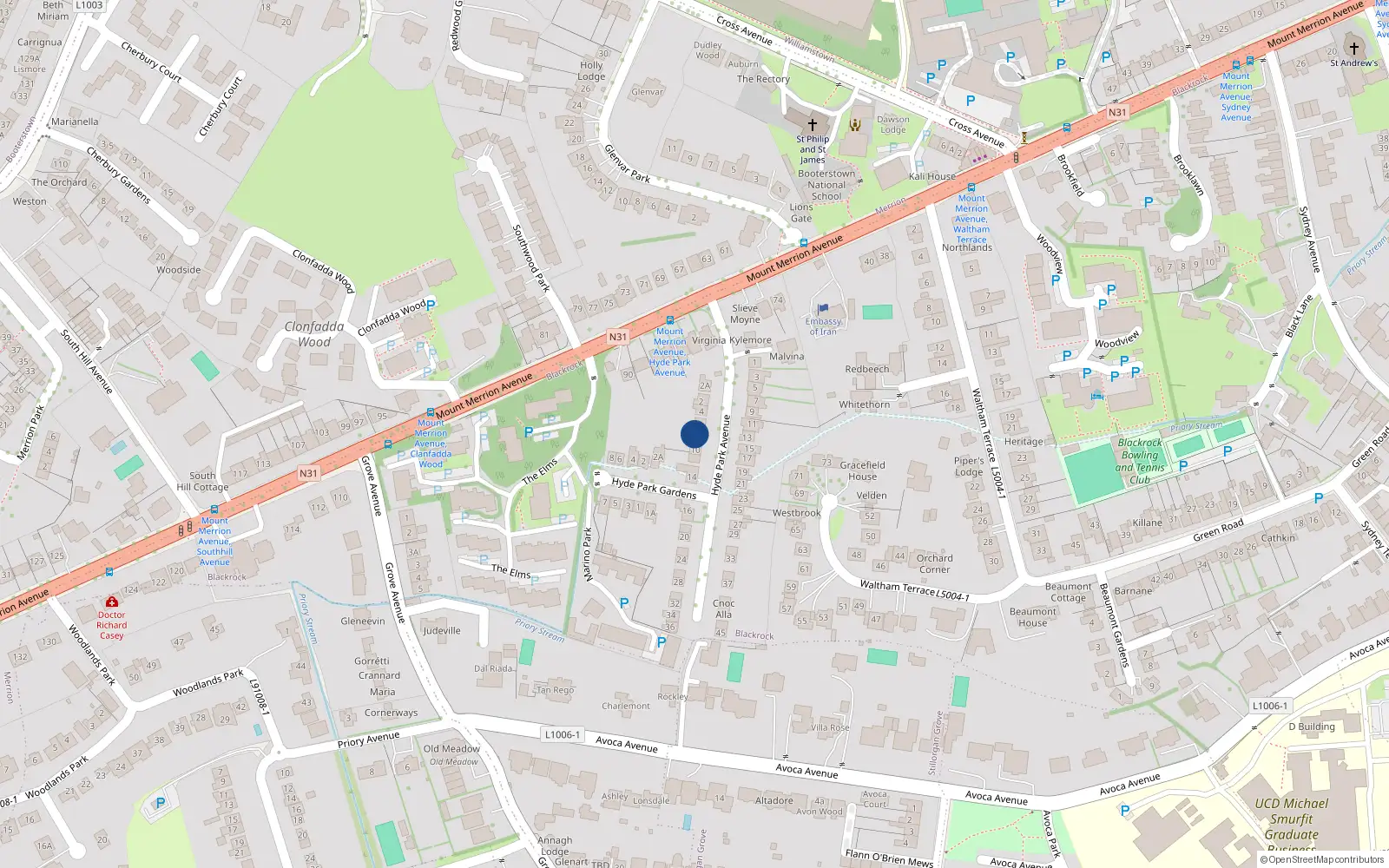 Overhead map showing the location of 8 Hyde Park Avenue, Blackrock