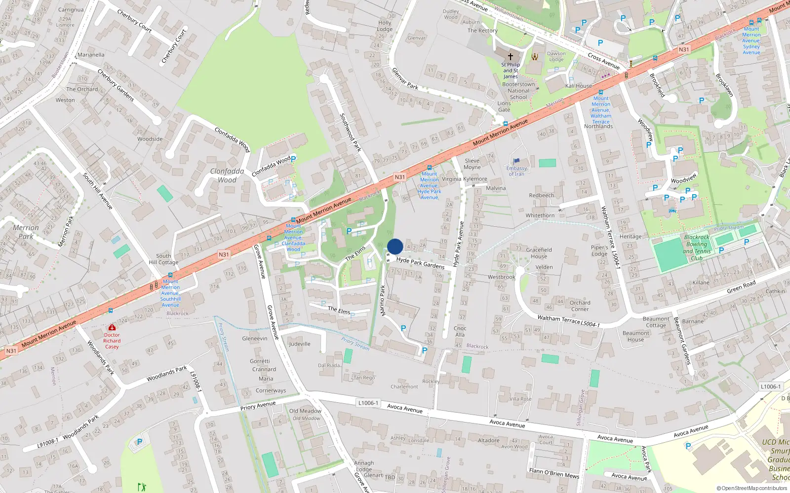Overhead map showing the location of 8 Hyde Park Gardens, Blackrock, Dublin