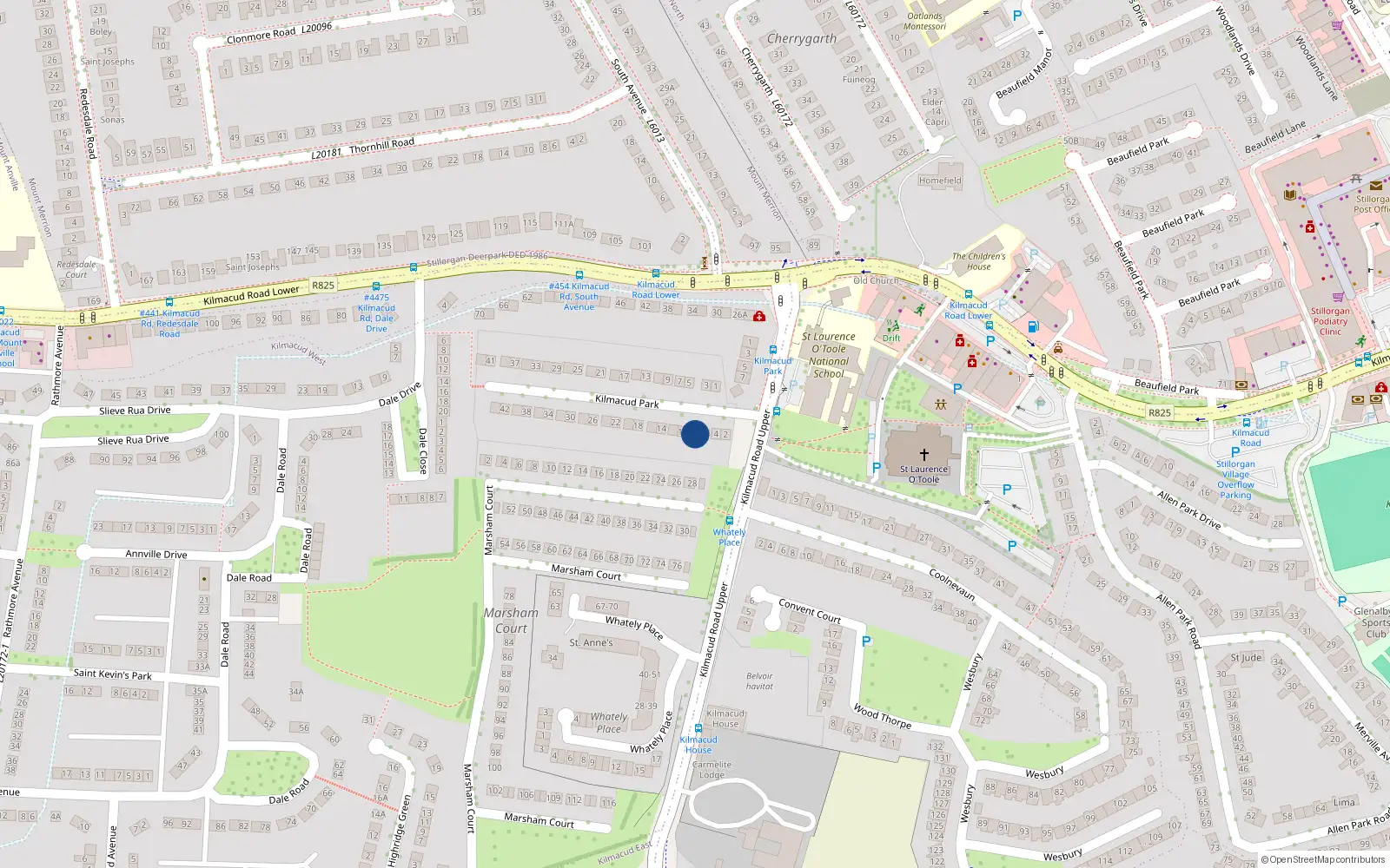 Overhead map showing the location of 8 Kilmacud Park, Stillorgan, Kilmacud