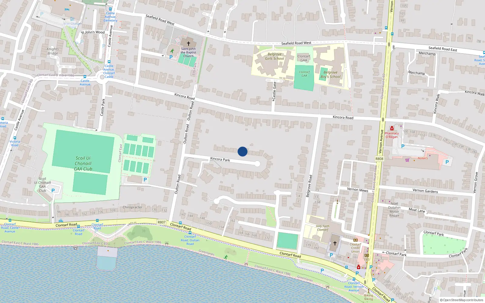 Overhead map showing the location of 8 Kincora Park, Clontarf, Dublin 3