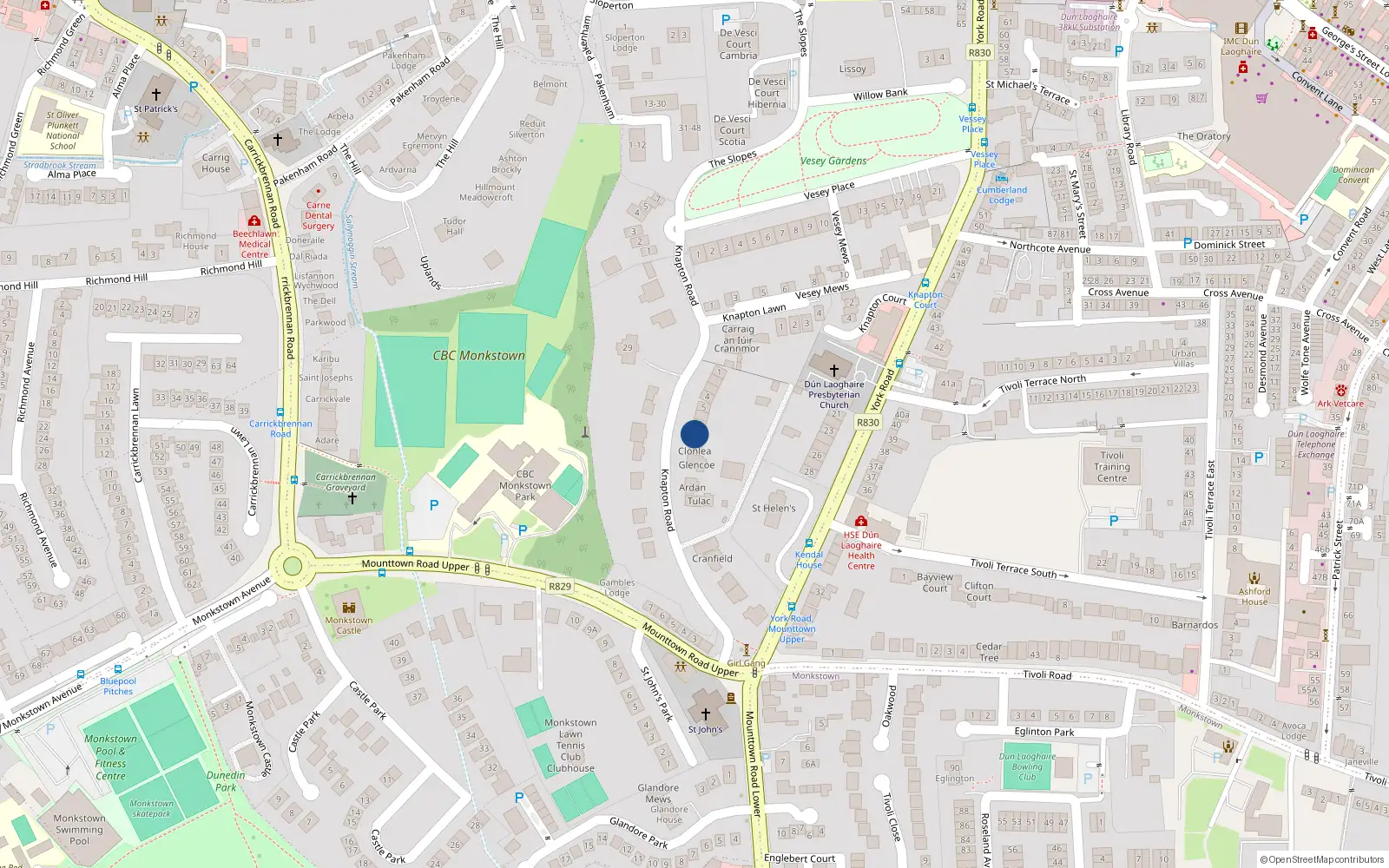 Overhead map showing the location of 8 Knapton Terrace, Knapton Road, Dun Laoghaire
