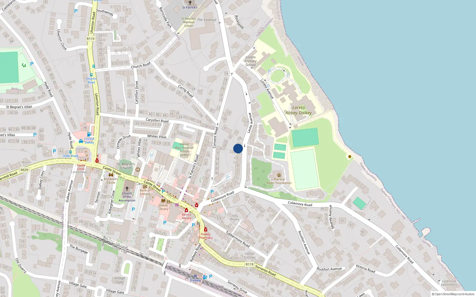 Overhead map showing the location of 8 Leslie Avenue, Dalkey