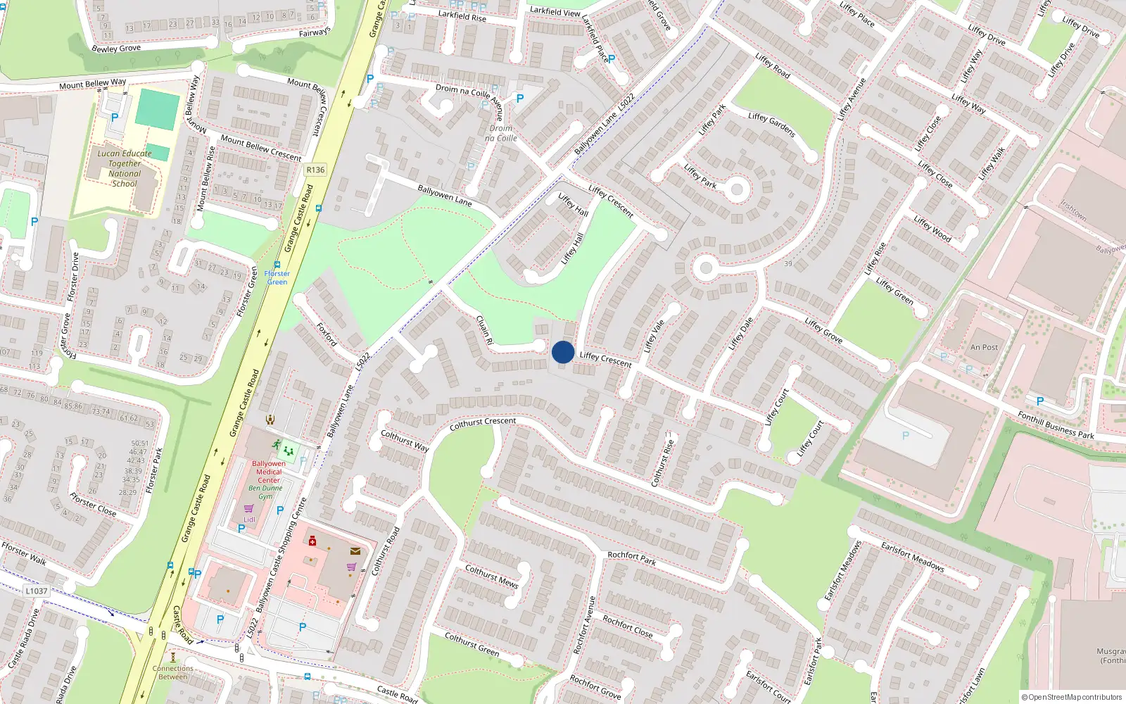 Overhead map showing the location of 8 Liffey Crescent, Liffey Valley Park, Lucan