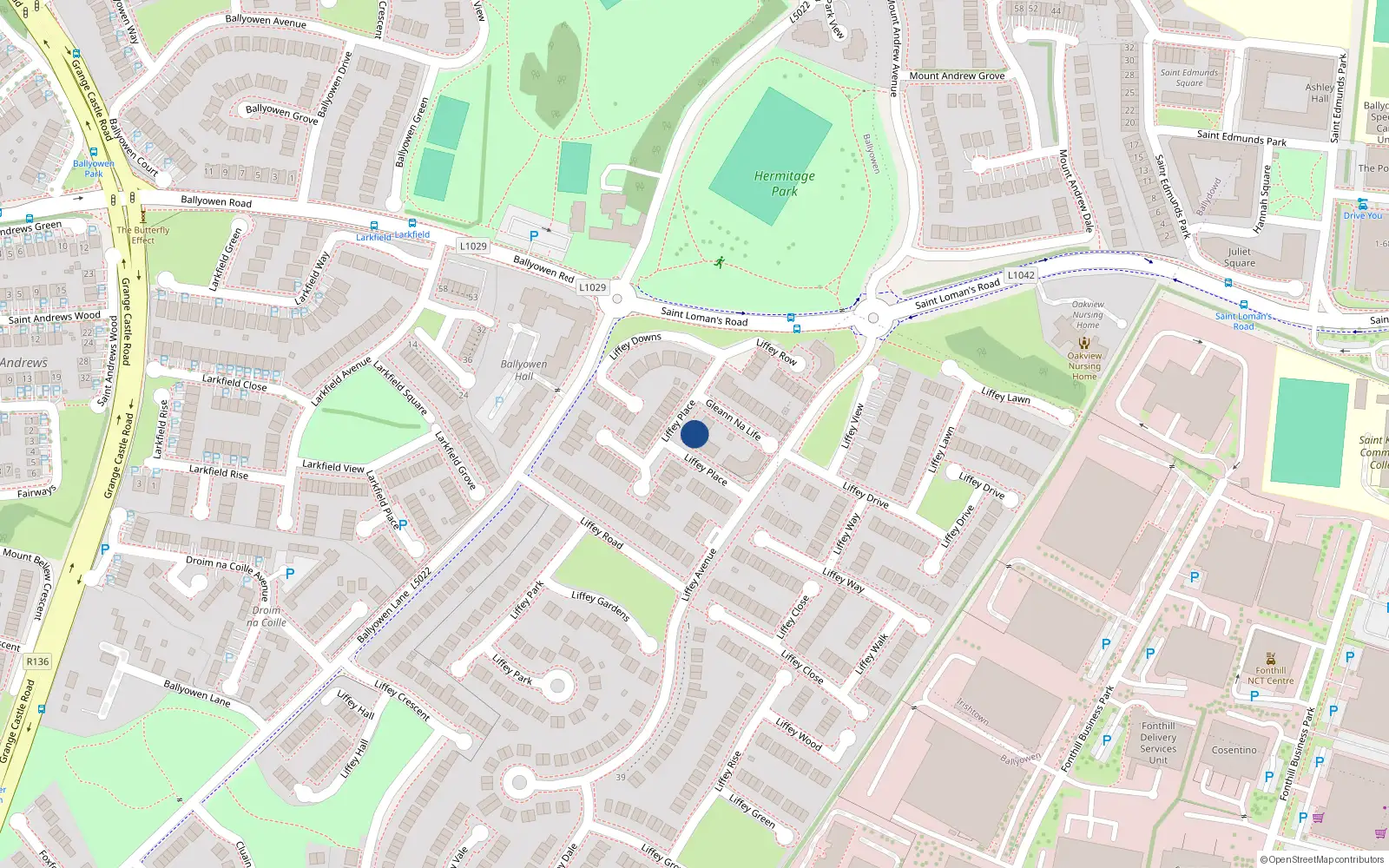 Overhead map showing the location of 8 Liffey Glen, Liffeyvalley Park, Lucan